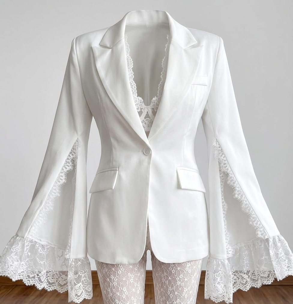Blazer Couture Bianco con Maniche a pipistrello e Dettagli in Pizzo