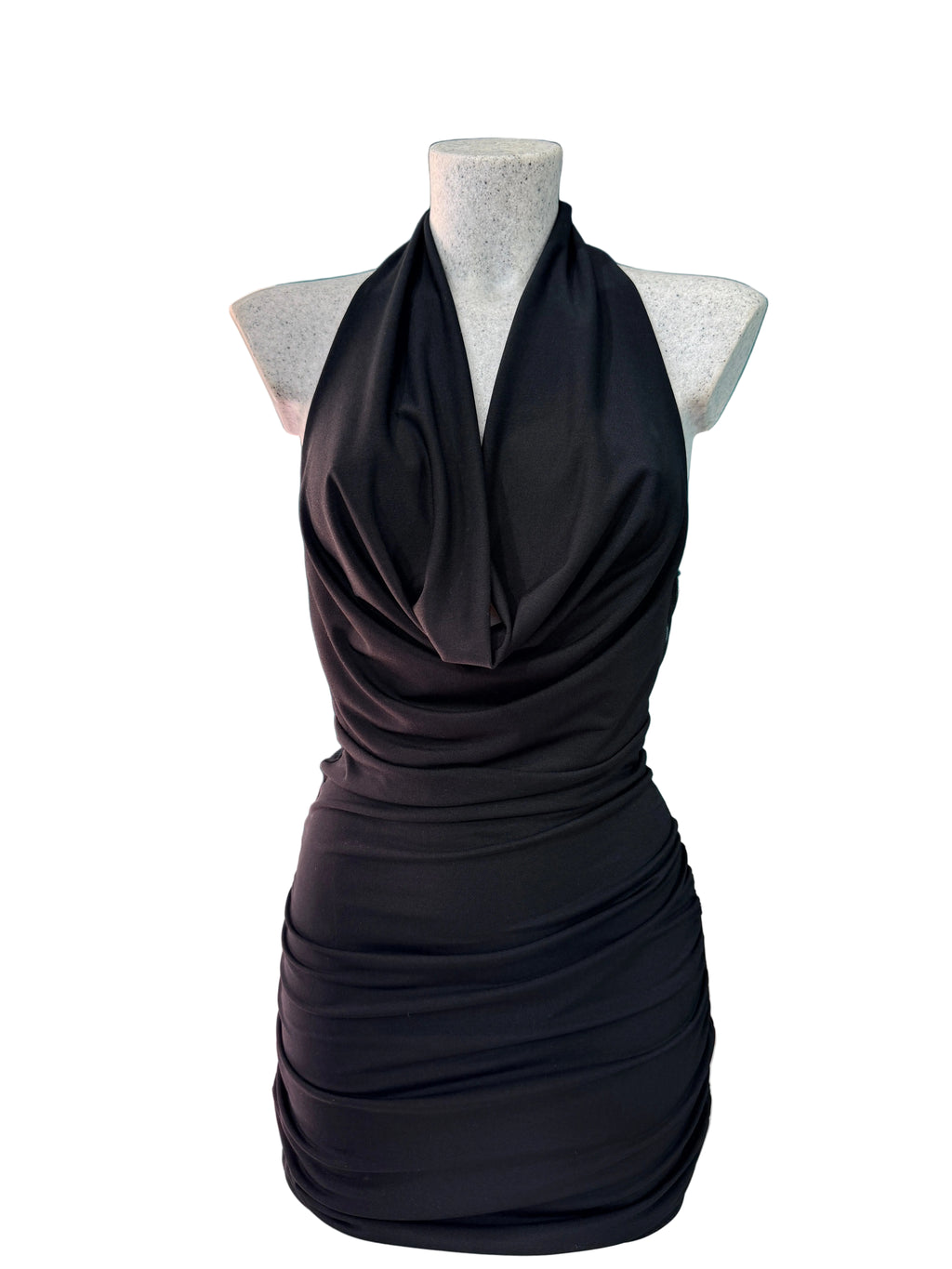 Mini Abito Nero Drappeggiato con Schiena in Mesh