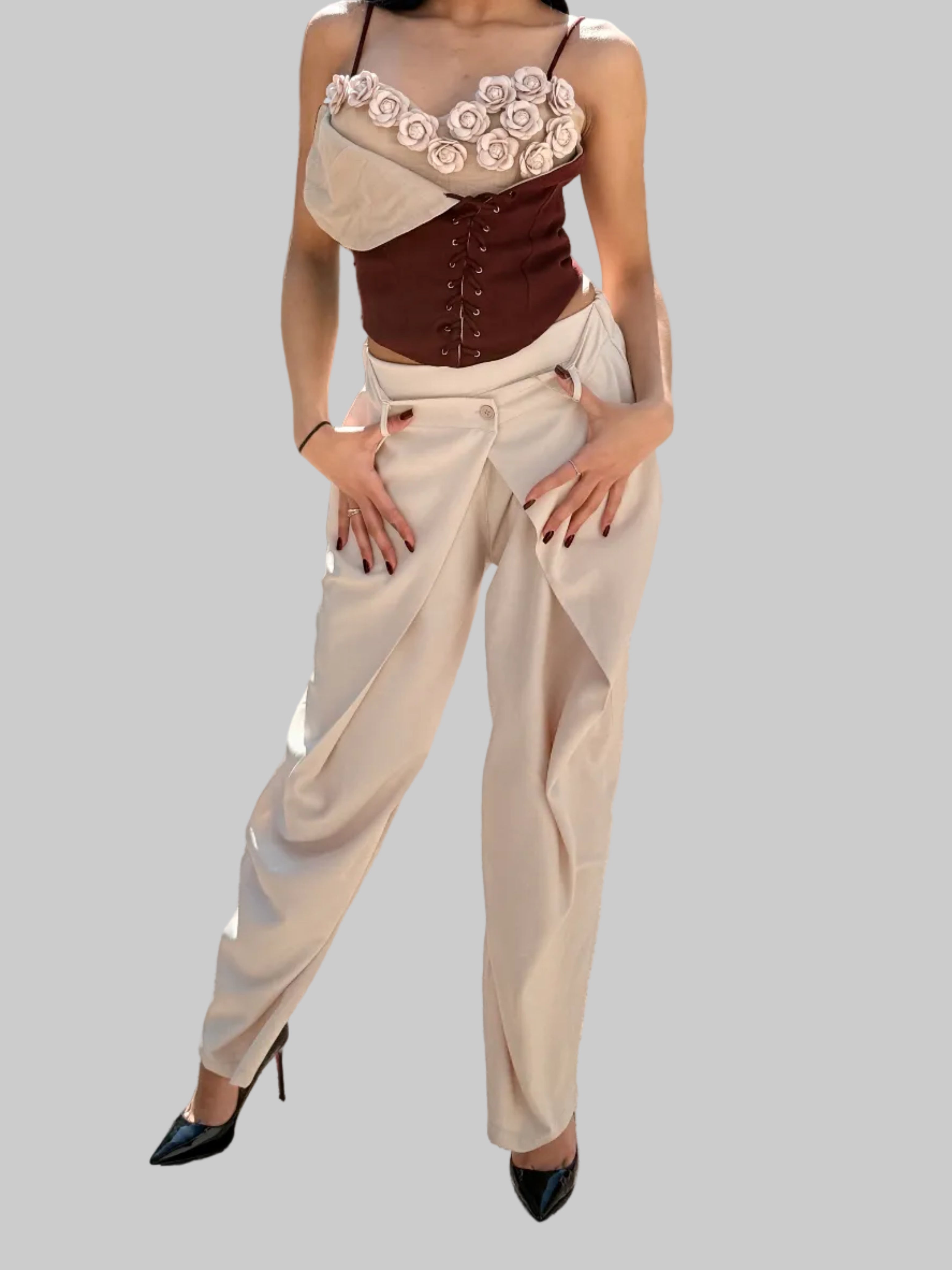 Pantalone "Origami" a Vita Sovrapposta – Beige Sabbia