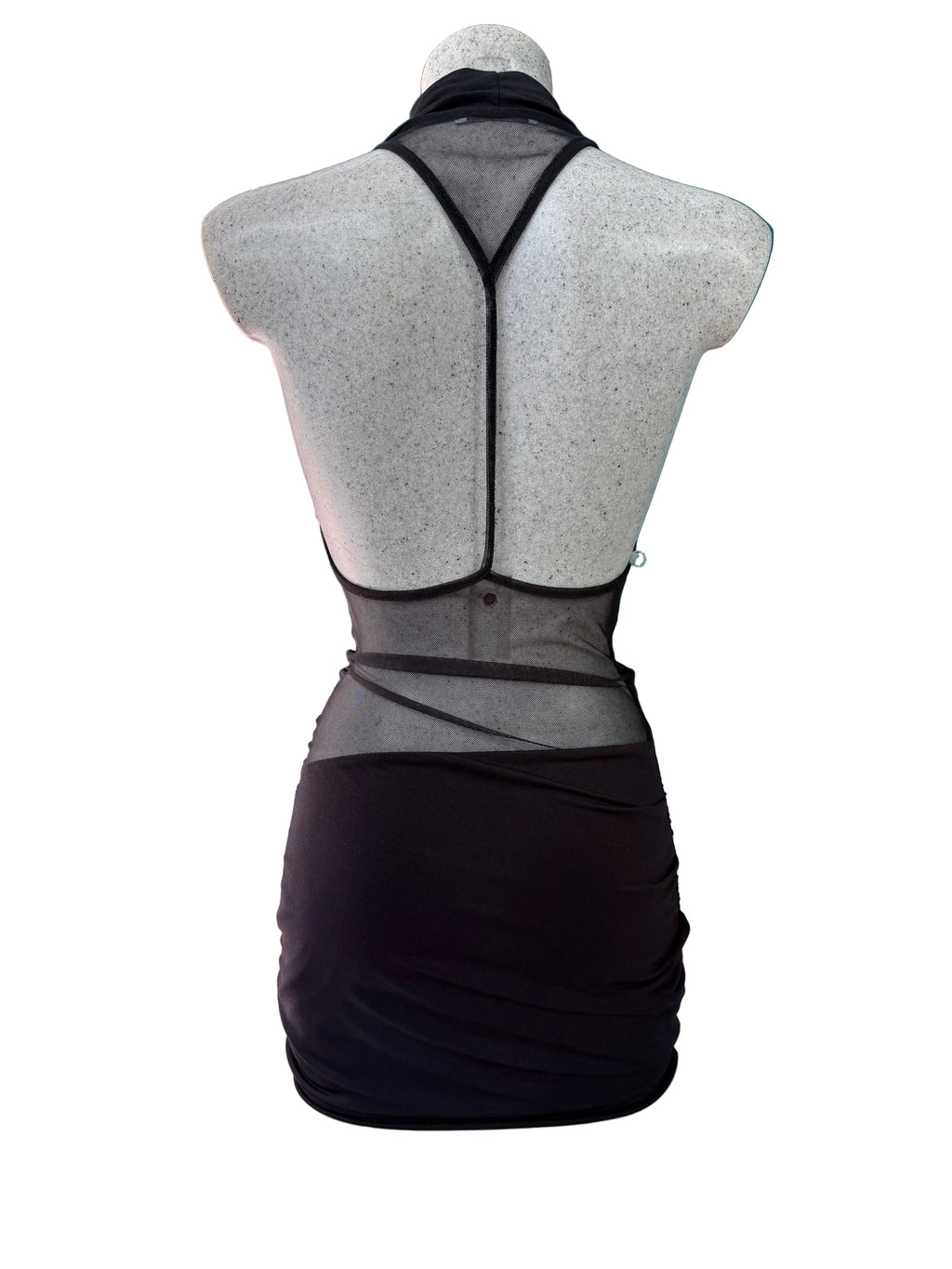 Mini Abito Nero Drappeggiato con Schiena in Mesh