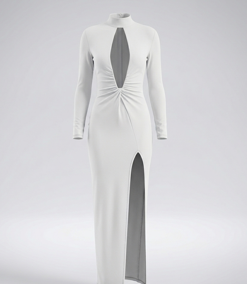 Abito Maxi "Luna Bianca" – Scollo Cut-Out e Design Drappeggiato