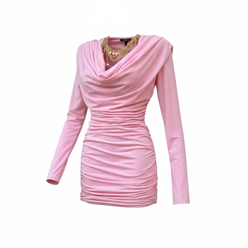 Abito Mini Drappeggiato con Scollo a Cappuccio
