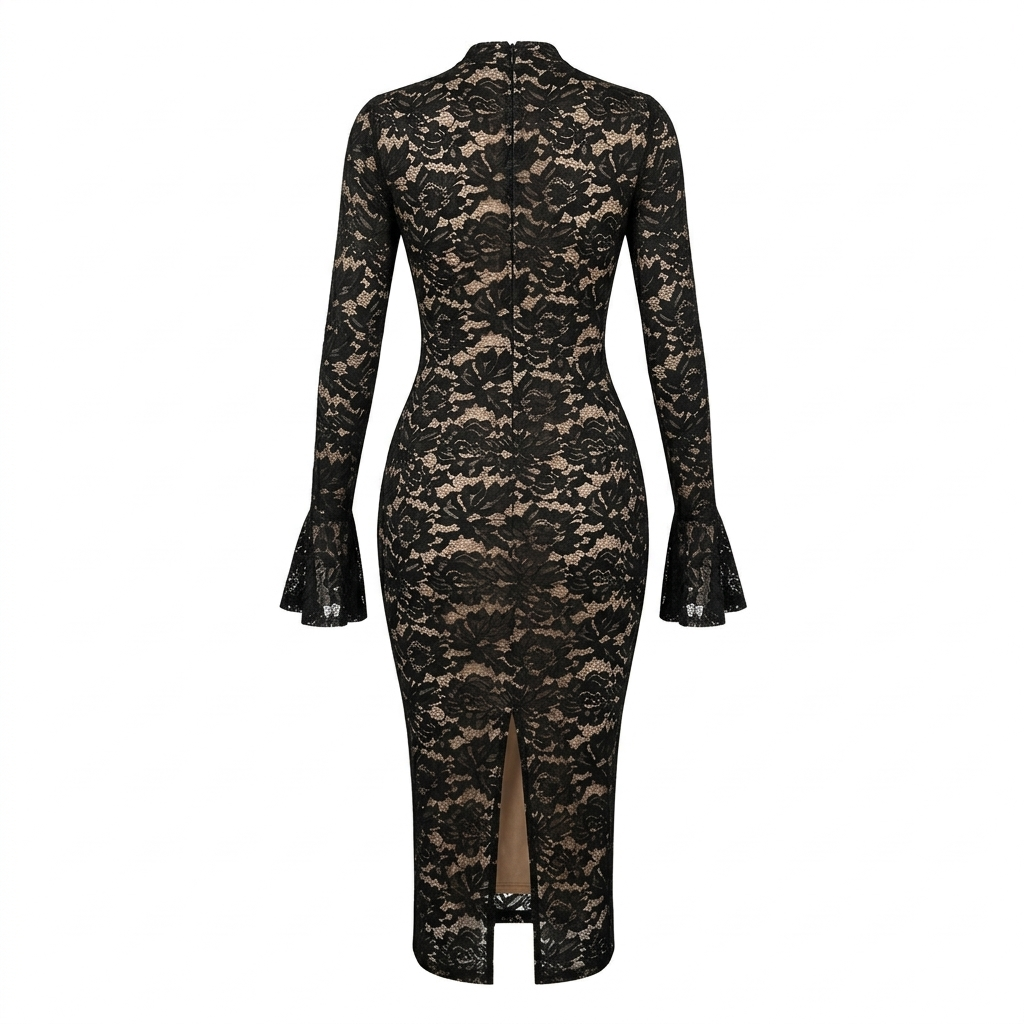 Abito Midi "Lace Elegance" in Pizzo con Maniche a Campana