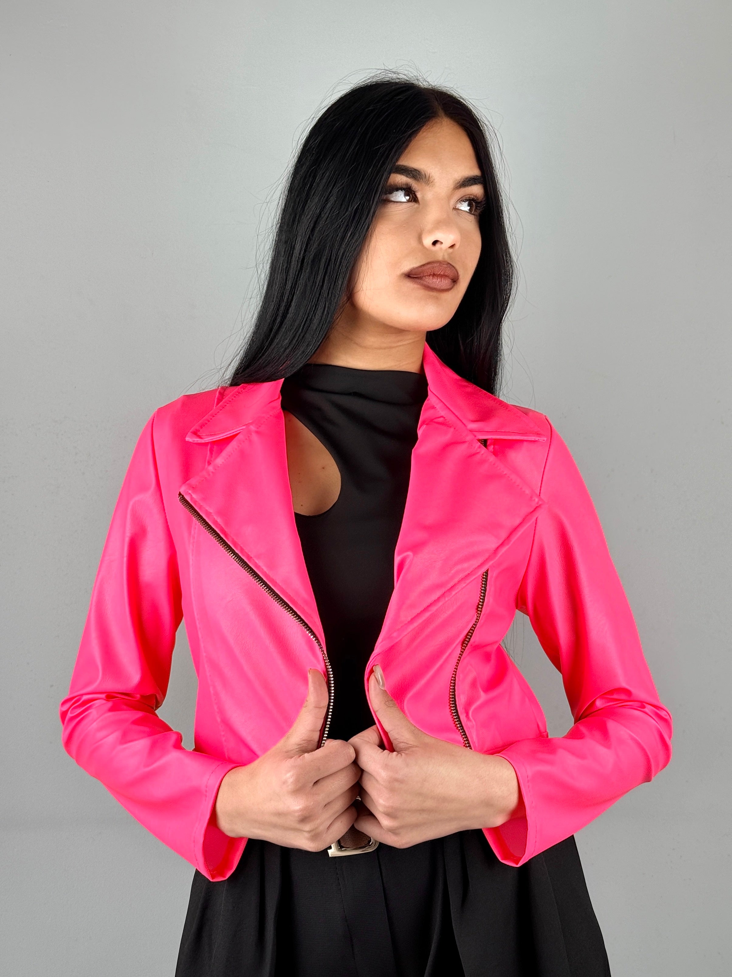 Chiodo in Ecopelle "Neon Glam" – Rosa Fluore