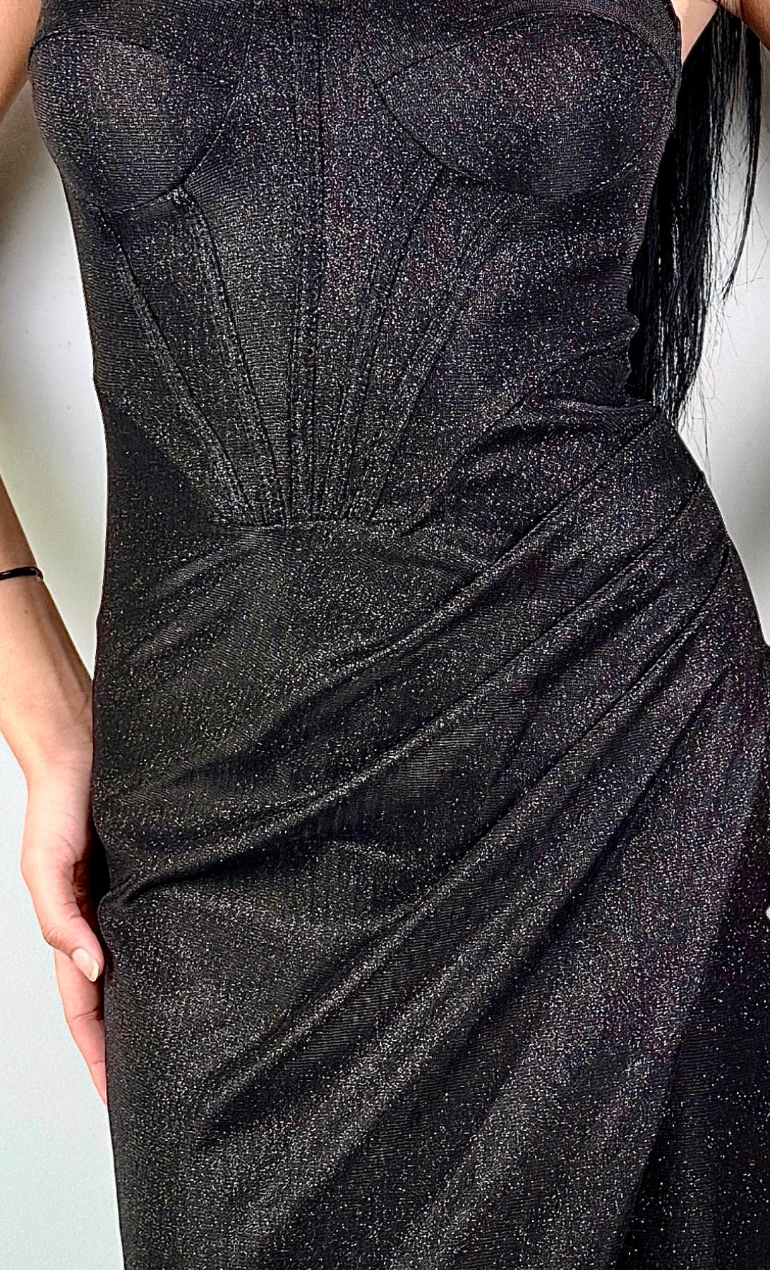 Abito Lungo Lurex con Corpino a Corsetto e Spacco Centrale