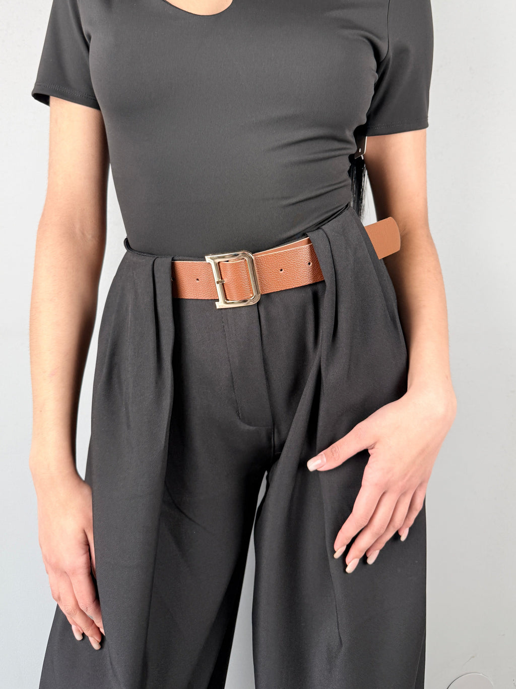 Pantalone Wide Leg con Drappeggio e Cintura Inclusa - Black