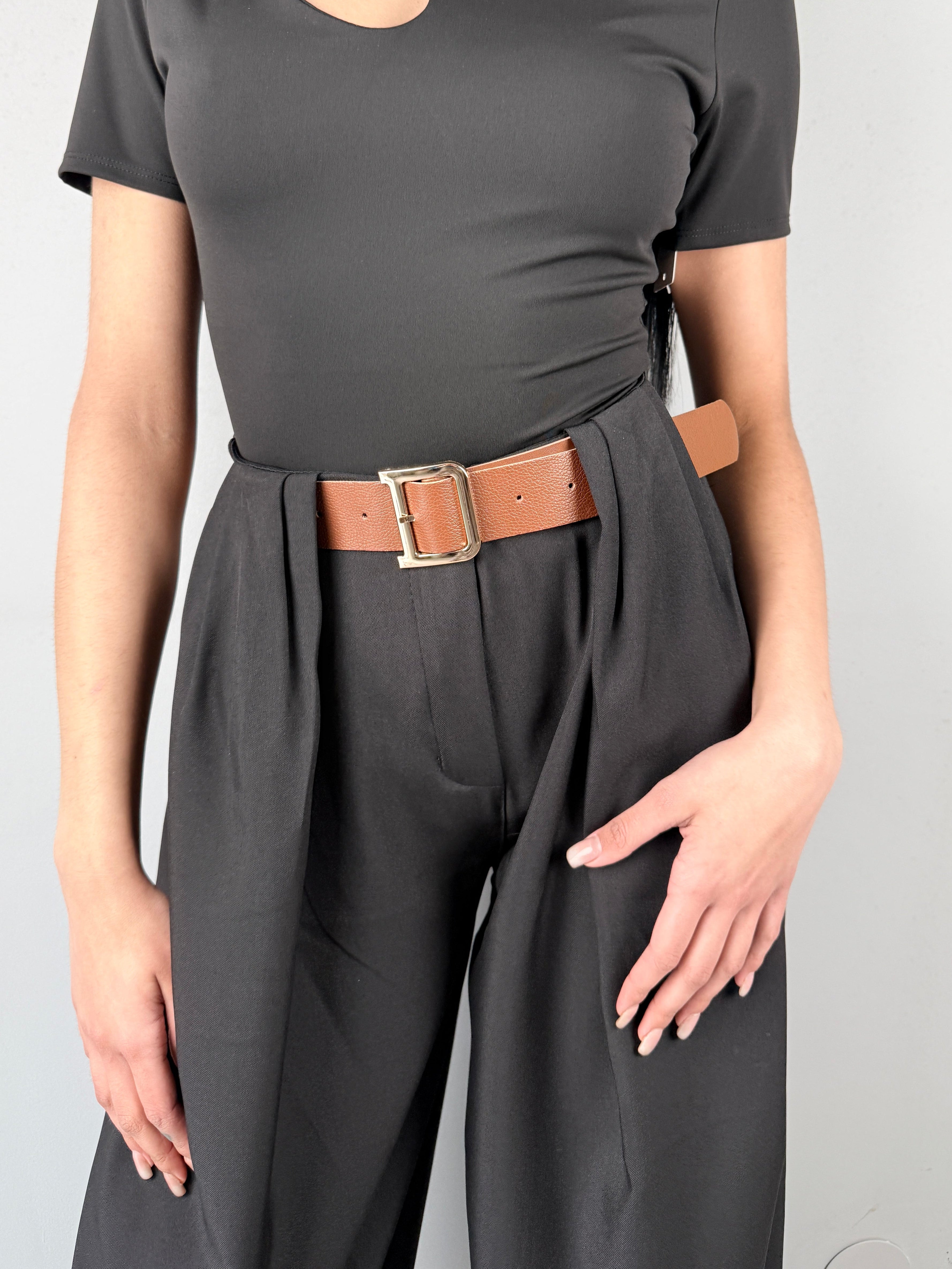 Pantalone Wide Leg con Drappeggio e Cintura Inclusa - Black