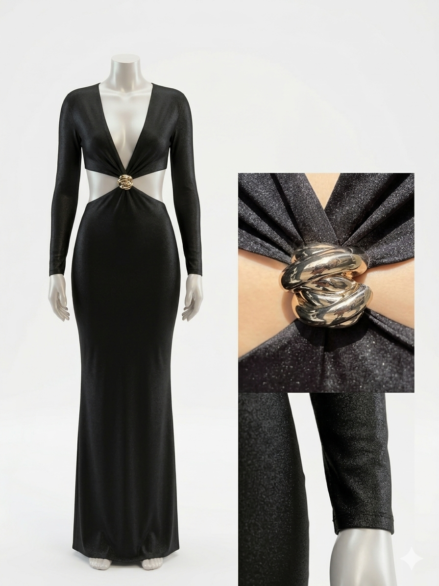 Abito Maxi "Eclissi Scintillante" – Black Lurex con Dettaglio Nodo Gioiello