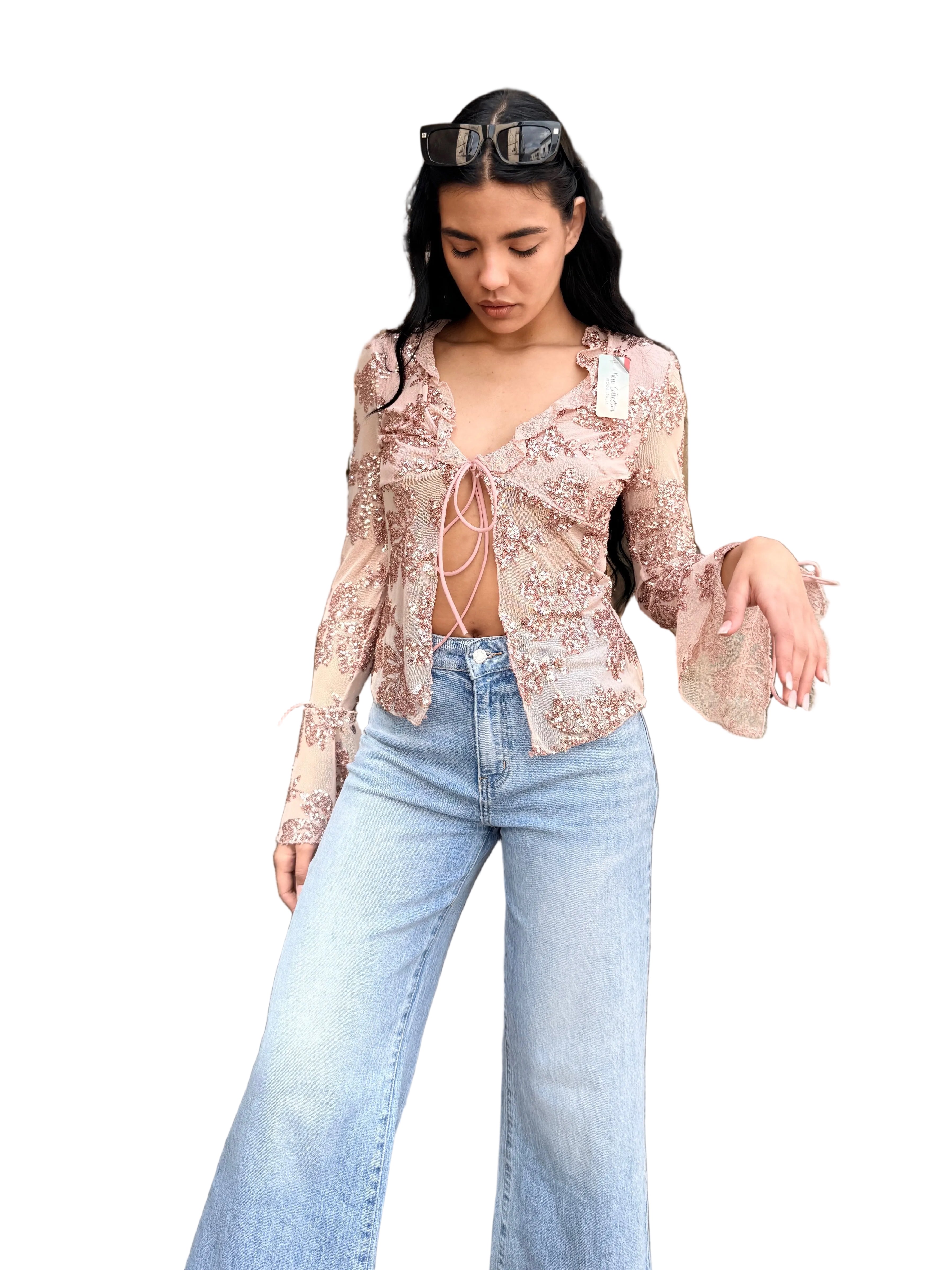 Camicia in Mesh con Paillettes e Laccetti – Rosa Cipria