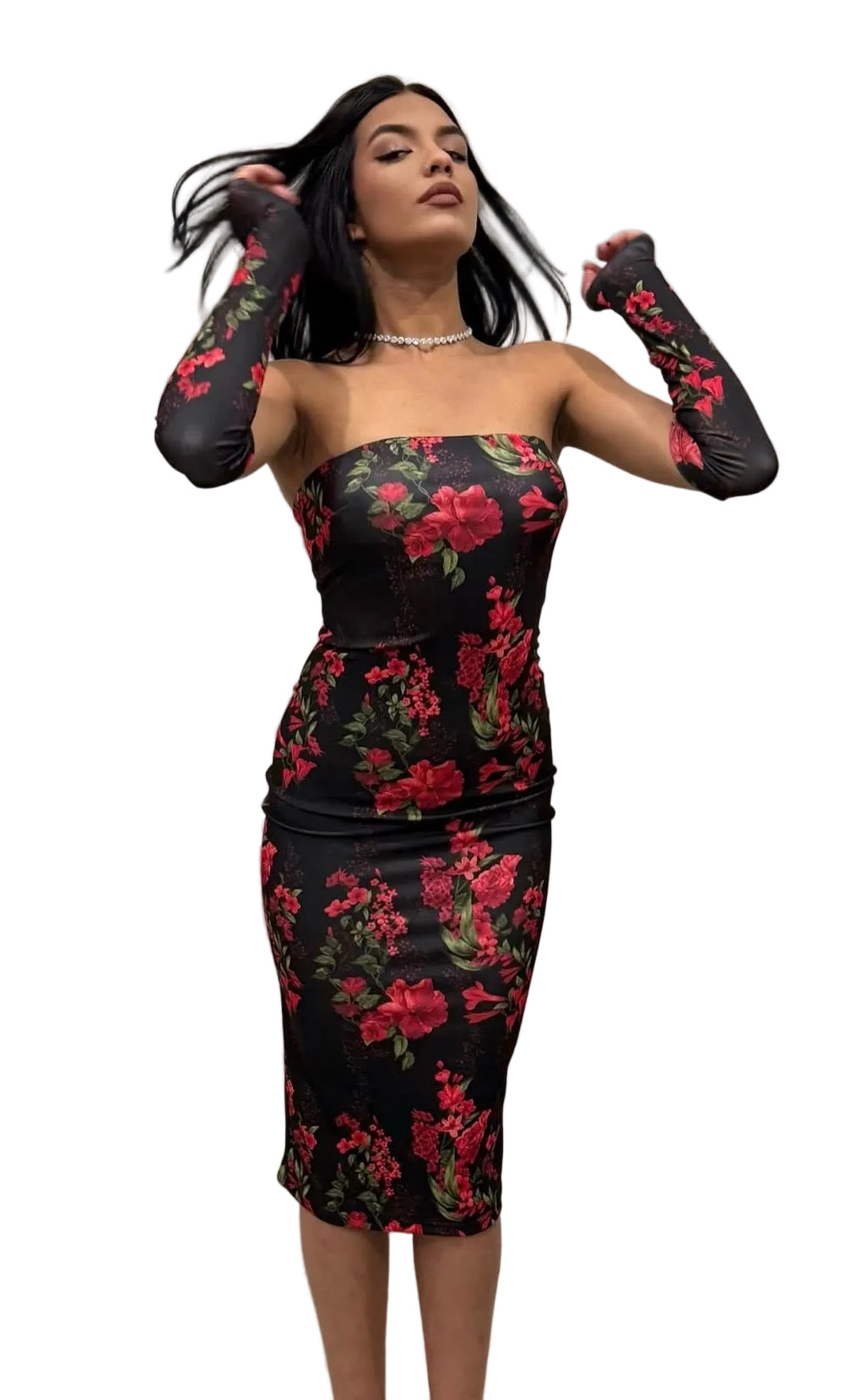 Set Abito Midi e Guanti con Fori – Stampa Floreale Rossa e Nera