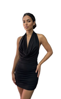 Mini Abito Nero Drappeggiato con Schiena in Mesh
