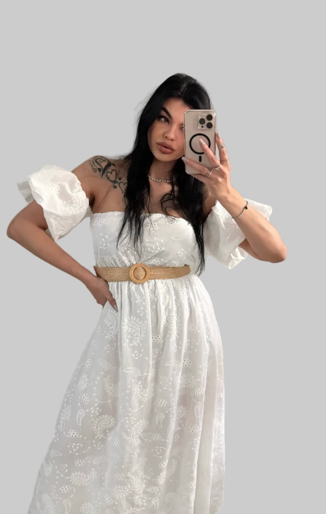 Abito Lungo in Sangallo "Boho-Chic" – Bianco Ottico (Cintura Inclusa)