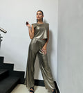 Set Coordinate "Metallic Muse" – Top con Spalline Imbottite & Pantaloni Wide Leg
