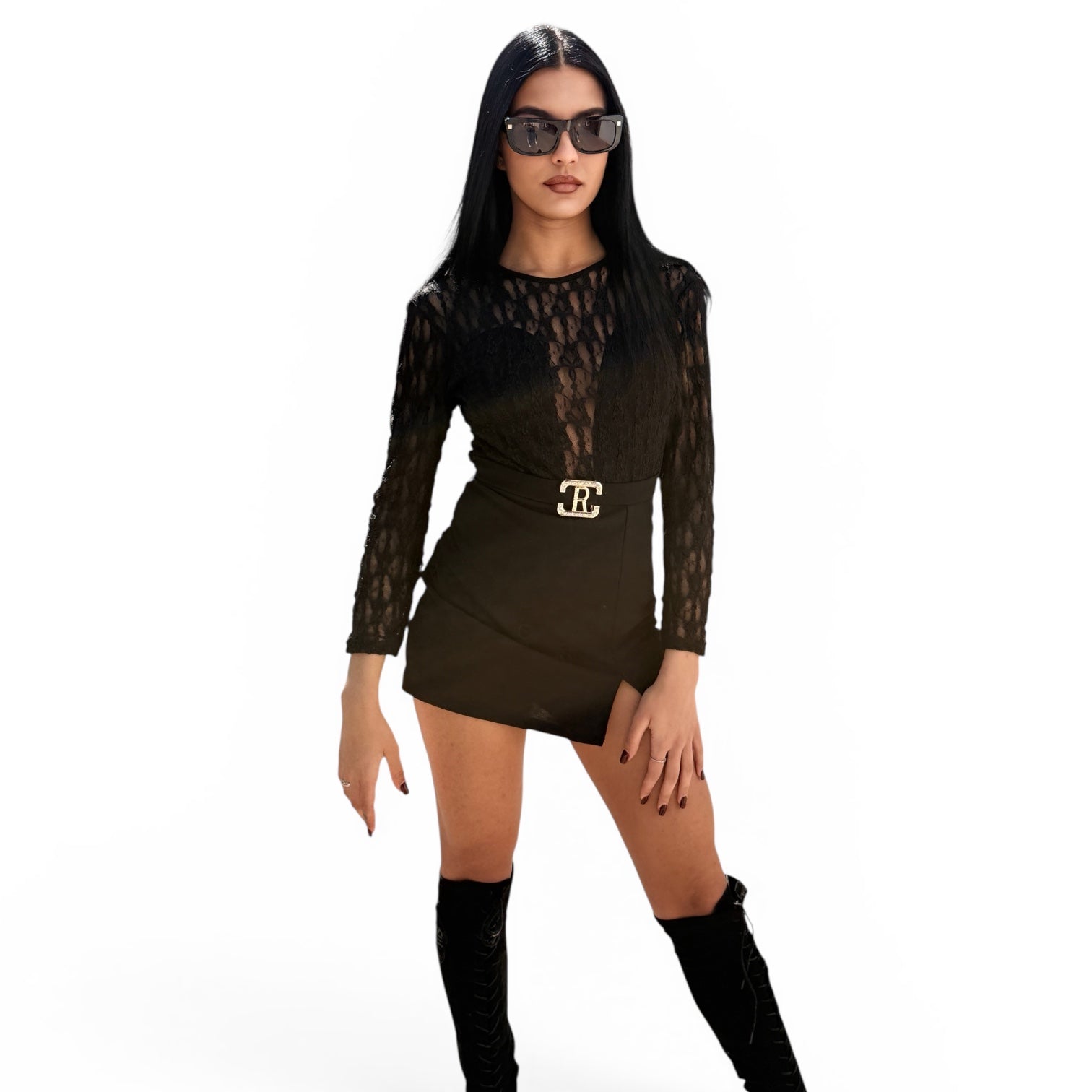 Tuta Corta in Pizzo "Elegance Noir" con Cintura Gioiello