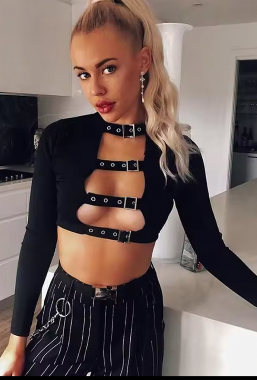 Maglia Crop a Maniche Lunghe con Fibbie e Cut-Out (Fronte-Retro)