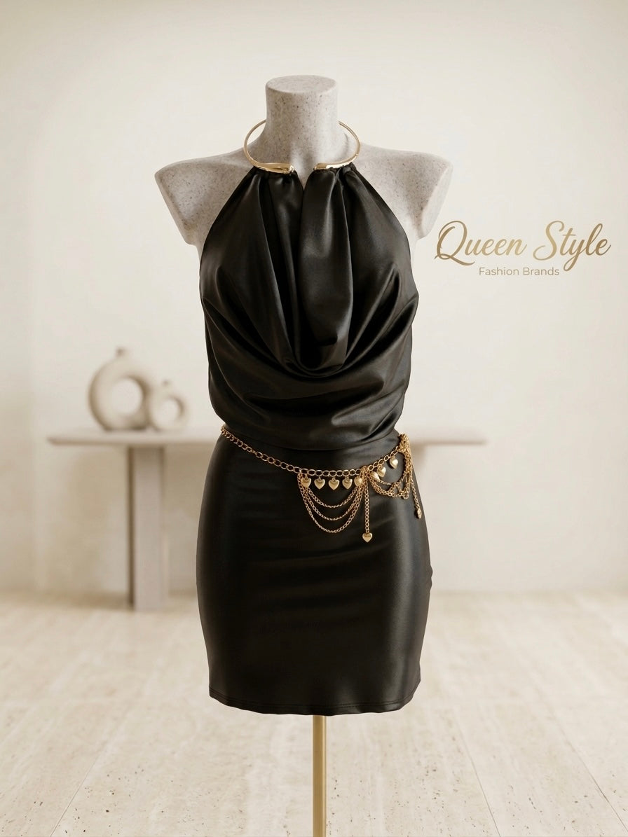 Mini Dress "Aura" – Satin Drappeggiato con Collarino Oro