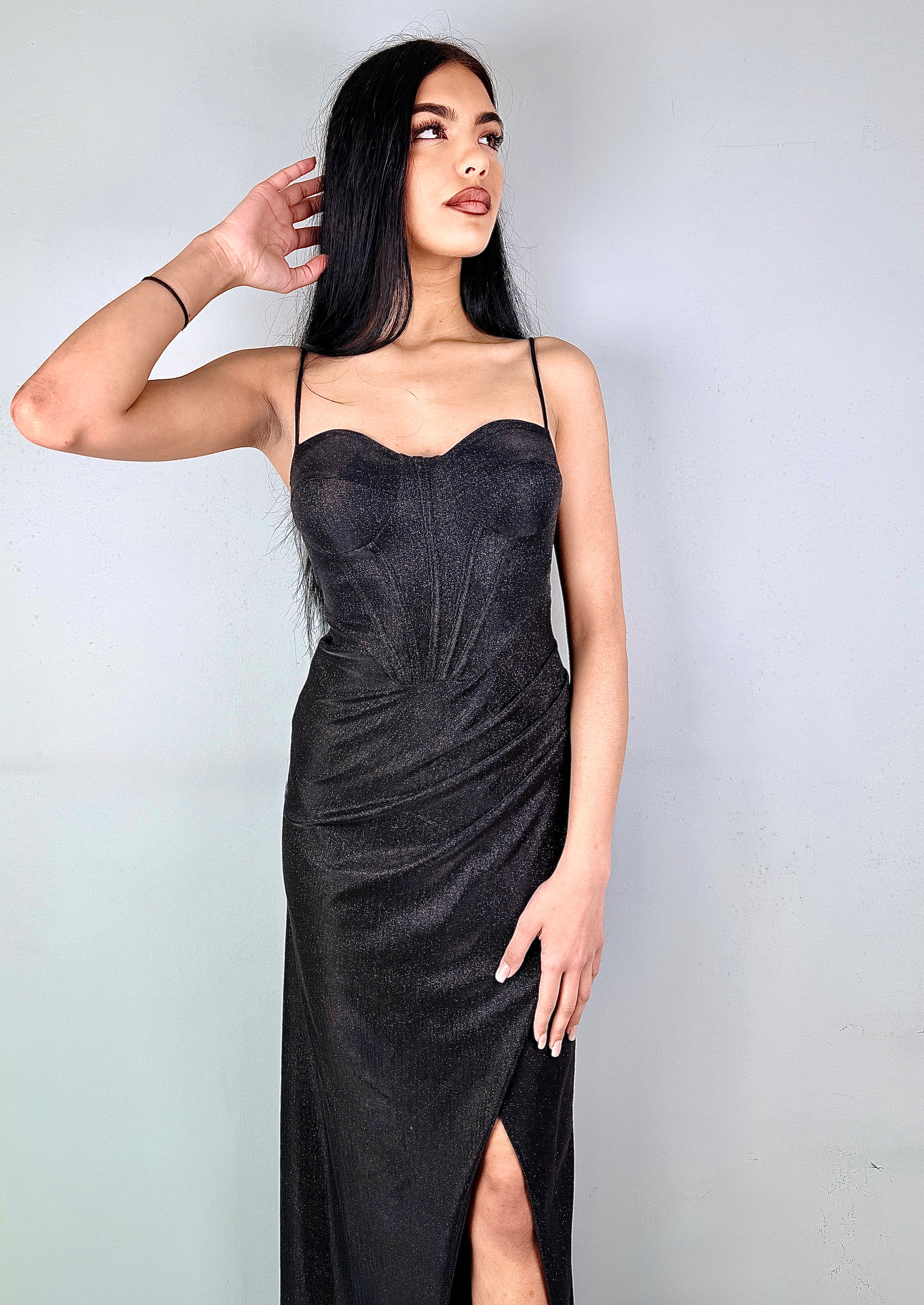 Abito Lungo Lurex con Corpino a Corsetto e Spacco Centrale