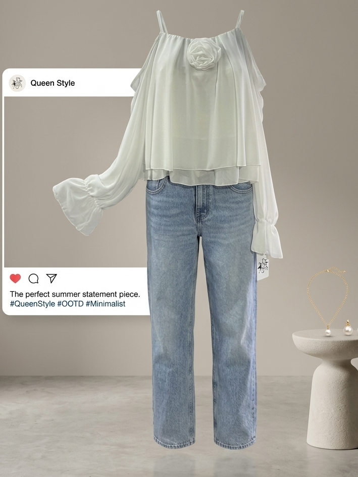 Blusa Romantica con Maxi Rosa - Taglia Unica