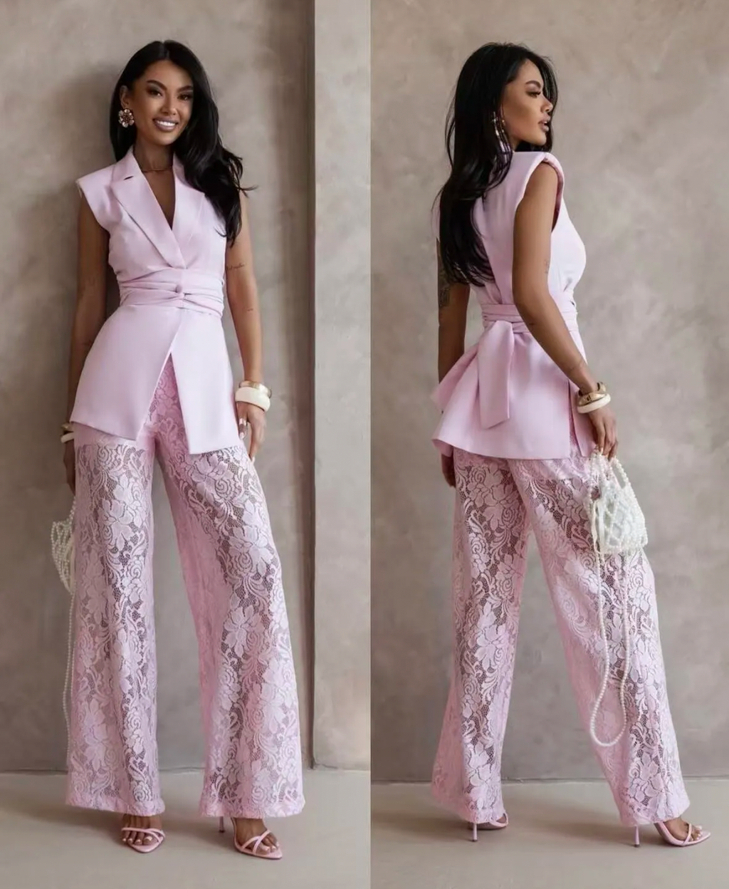 Completo "Chic" – Gilet Strutturato e Pantaloni in Pizzo