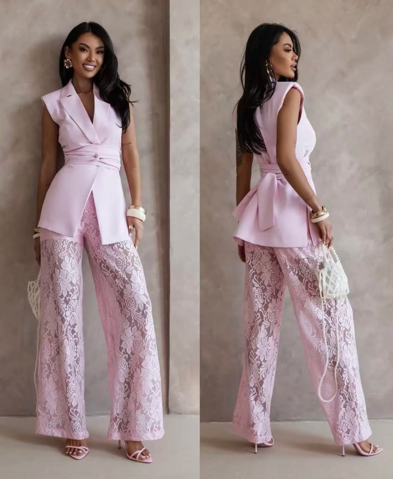 Completo "Chic" – Gilet Strutturato e Pantaloni in Pizzo