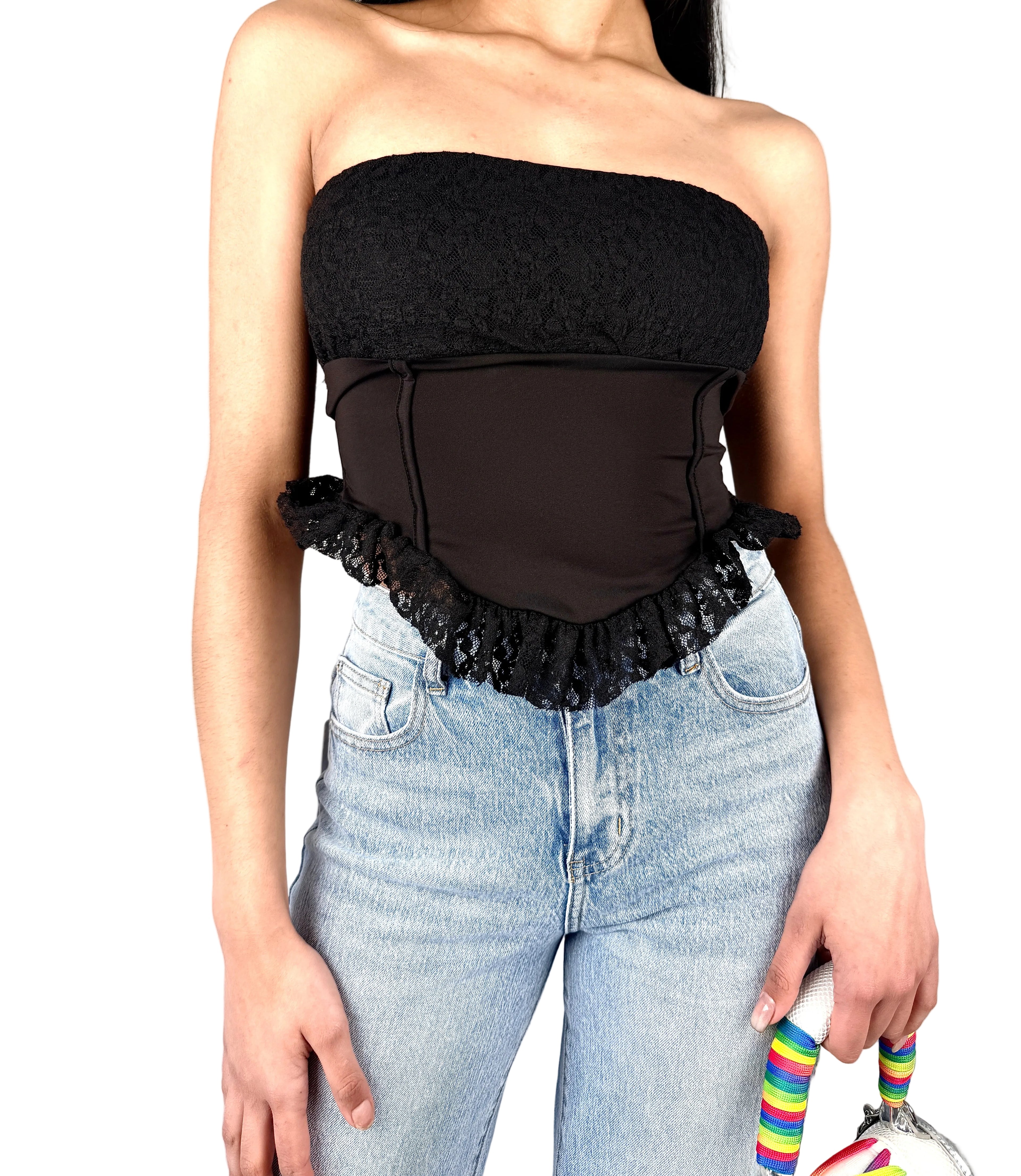 Top Bustier a Fascia con Dettagli in Pizzo