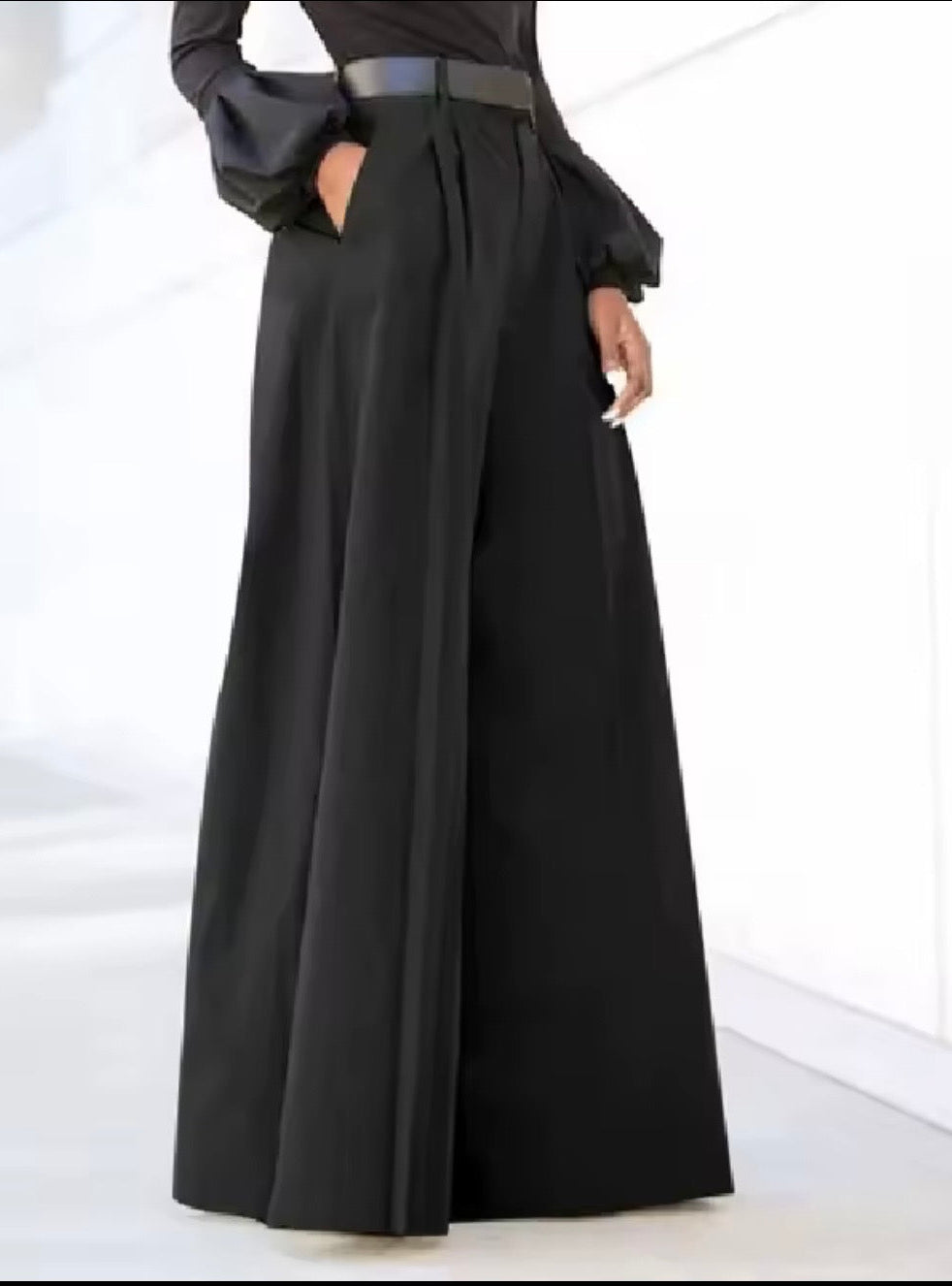 Pantalone Wide Leg con Drappeggio e Cintura Inclusa - Black
