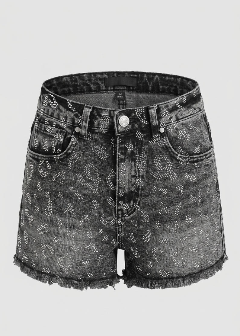 Shorts Denim "Animalier Shine" – Nero Lavato con Strass