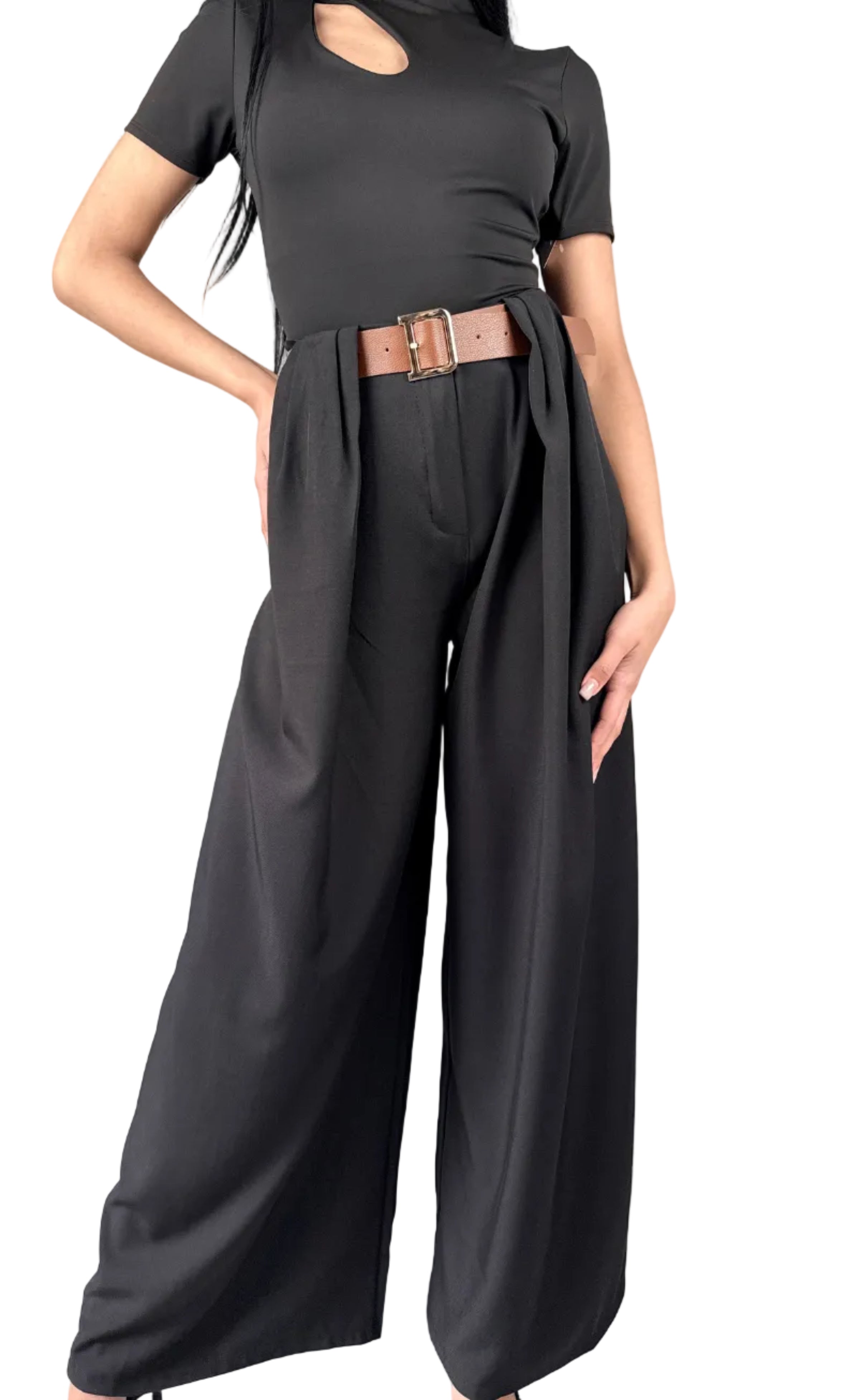 Pantalone Wide Leg con Drappeggio e Cintura Inclusa - Black