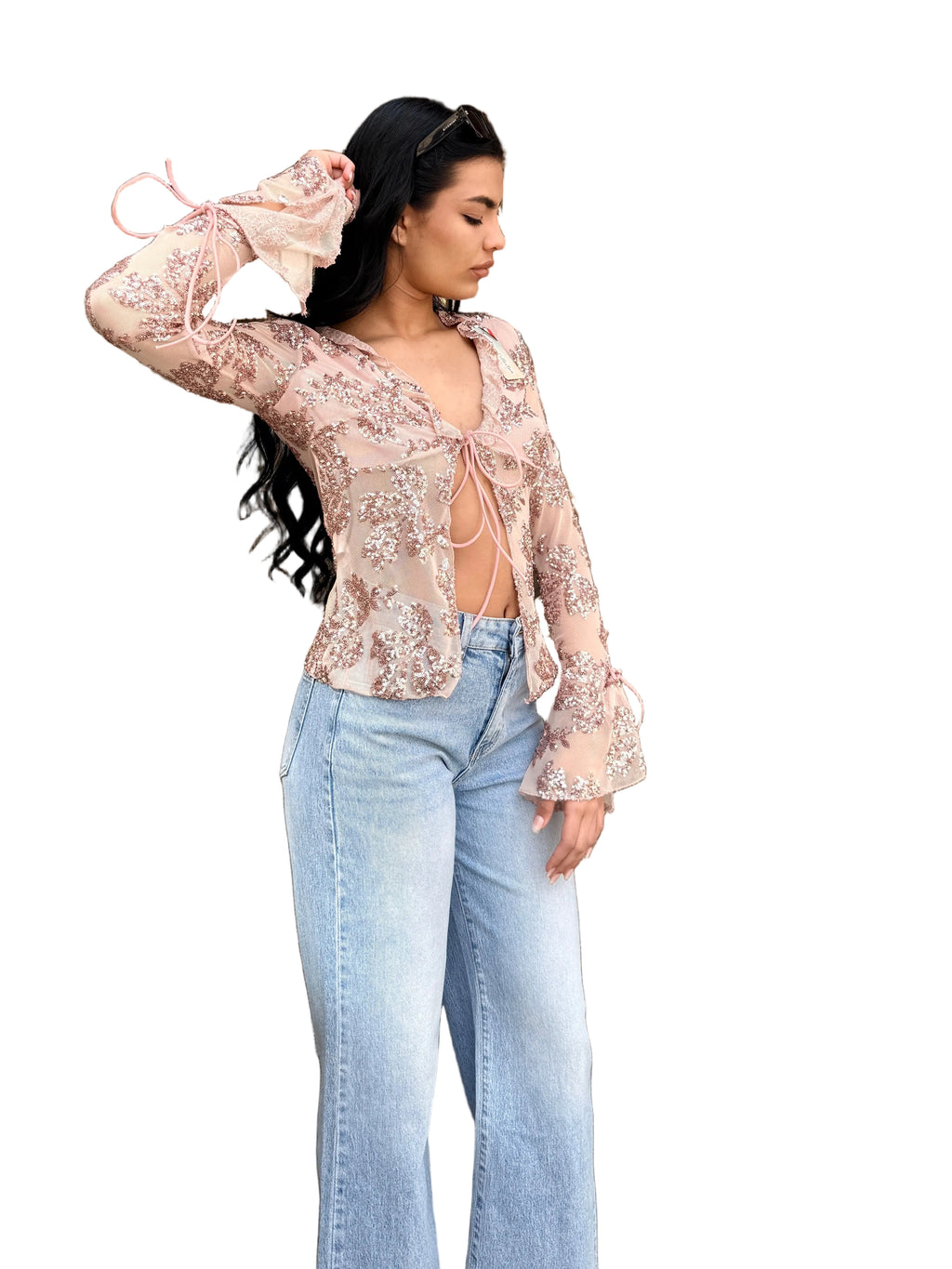 Camicia in Mesh con Paillettes e Laccetti – Rosa Cipria