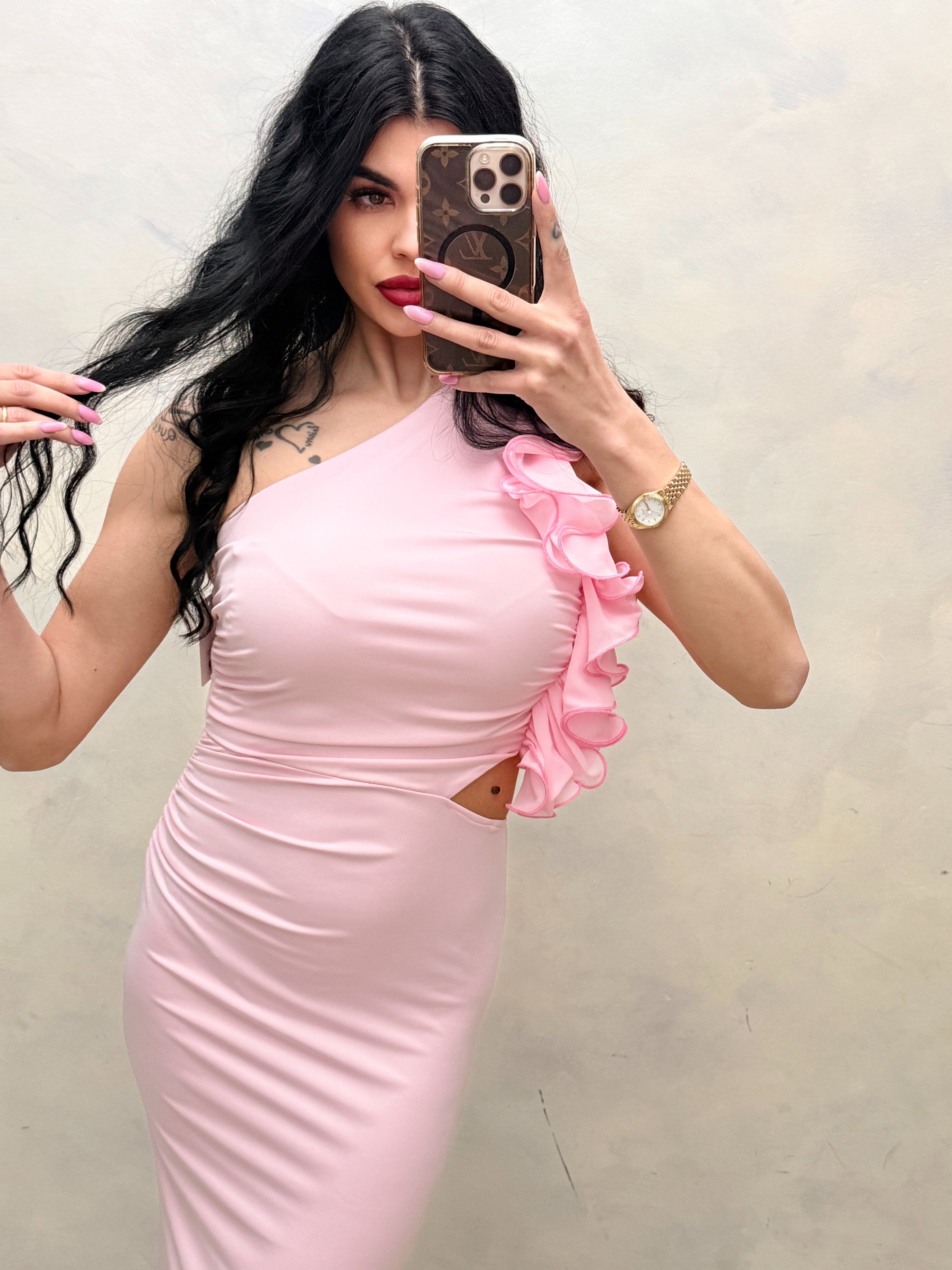 Abito Lungo  Diva – Monospalla con Rouches e Cut-Out