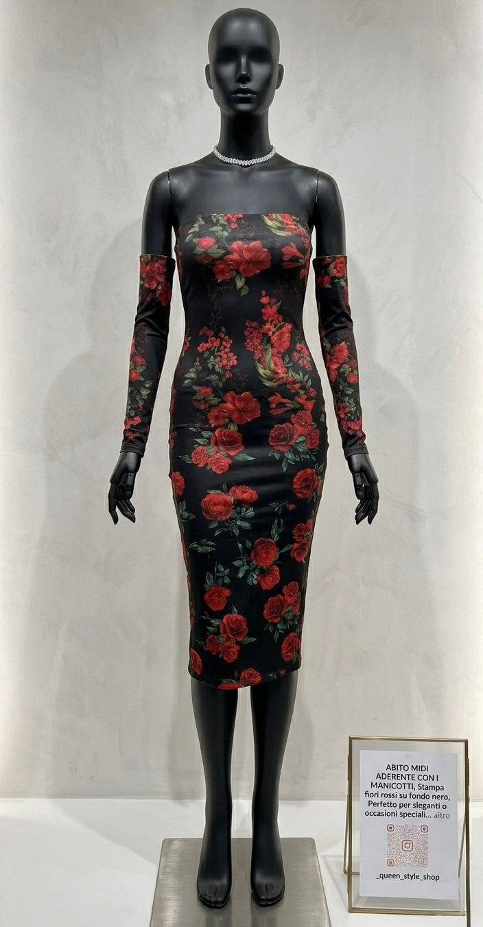 Set Abito Midi e Guanti con Fori – Stampa Floreale Rossa e Nera