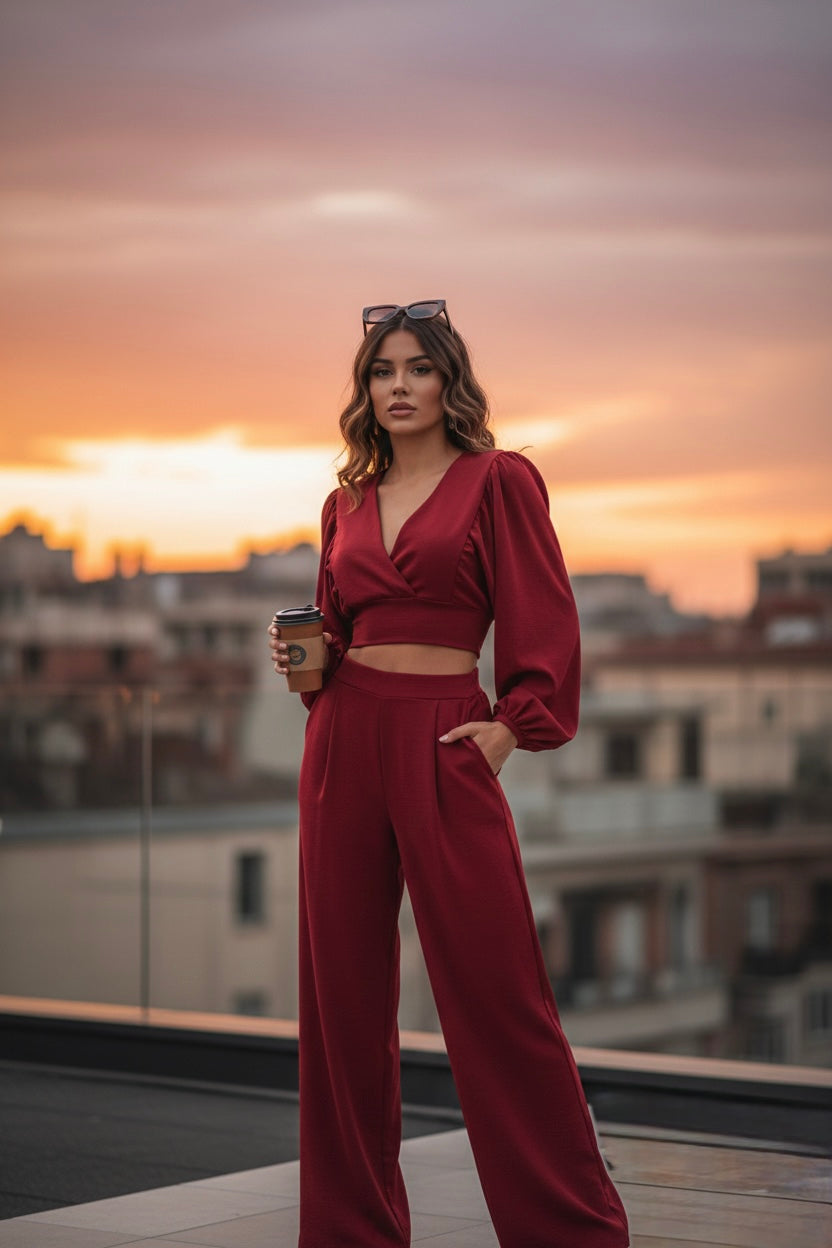 Set Coordinato "Passion Red" – Crop Top a Incrocio e Pantalone Sartoriale