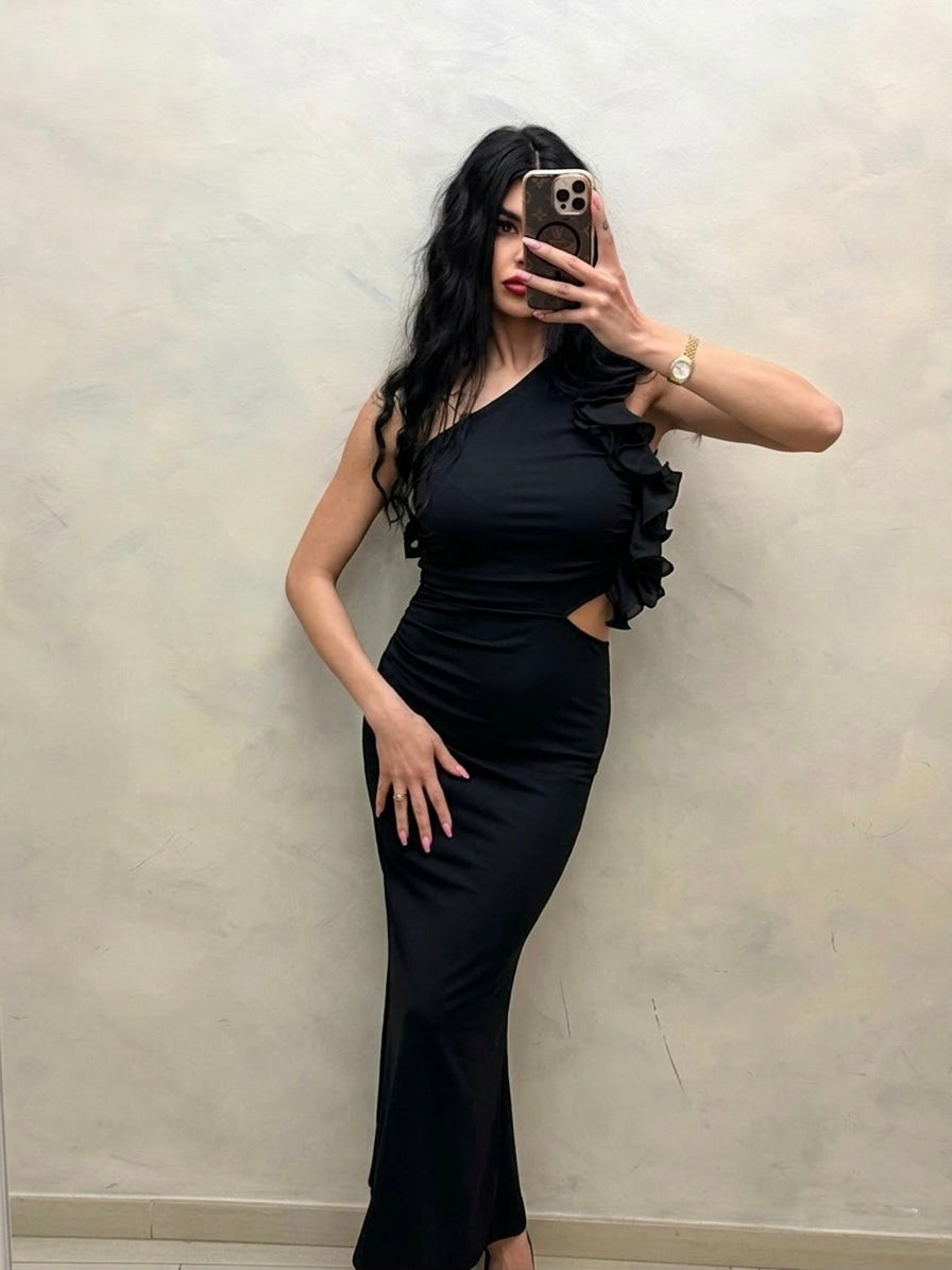 Abito Lungo  Diva – Monospalla con Rouches e Cut-Out