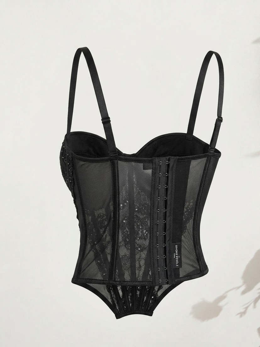 Corsetto Bustier in Pizzo e Paillettes – Nero Notte