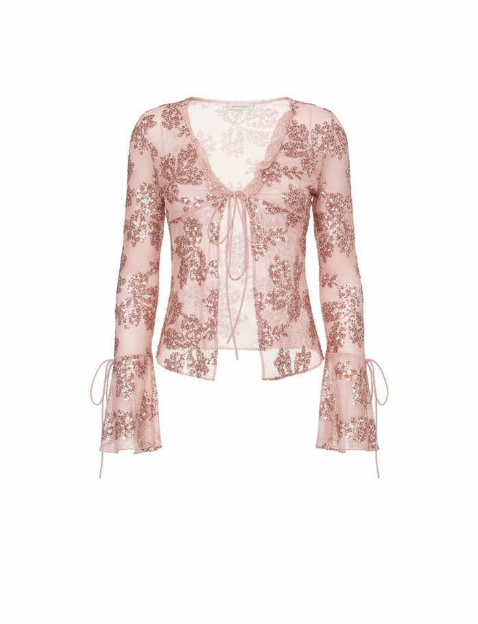 Camicia in Mesh con Paillettes e Laccetti – Rosa Cipria
