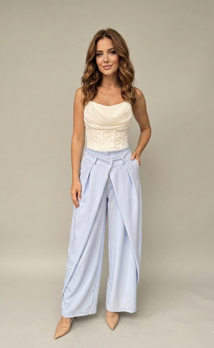 Pantaloni Wide-Leg con Incrocio Frontale – Celeste Polvere/bianco