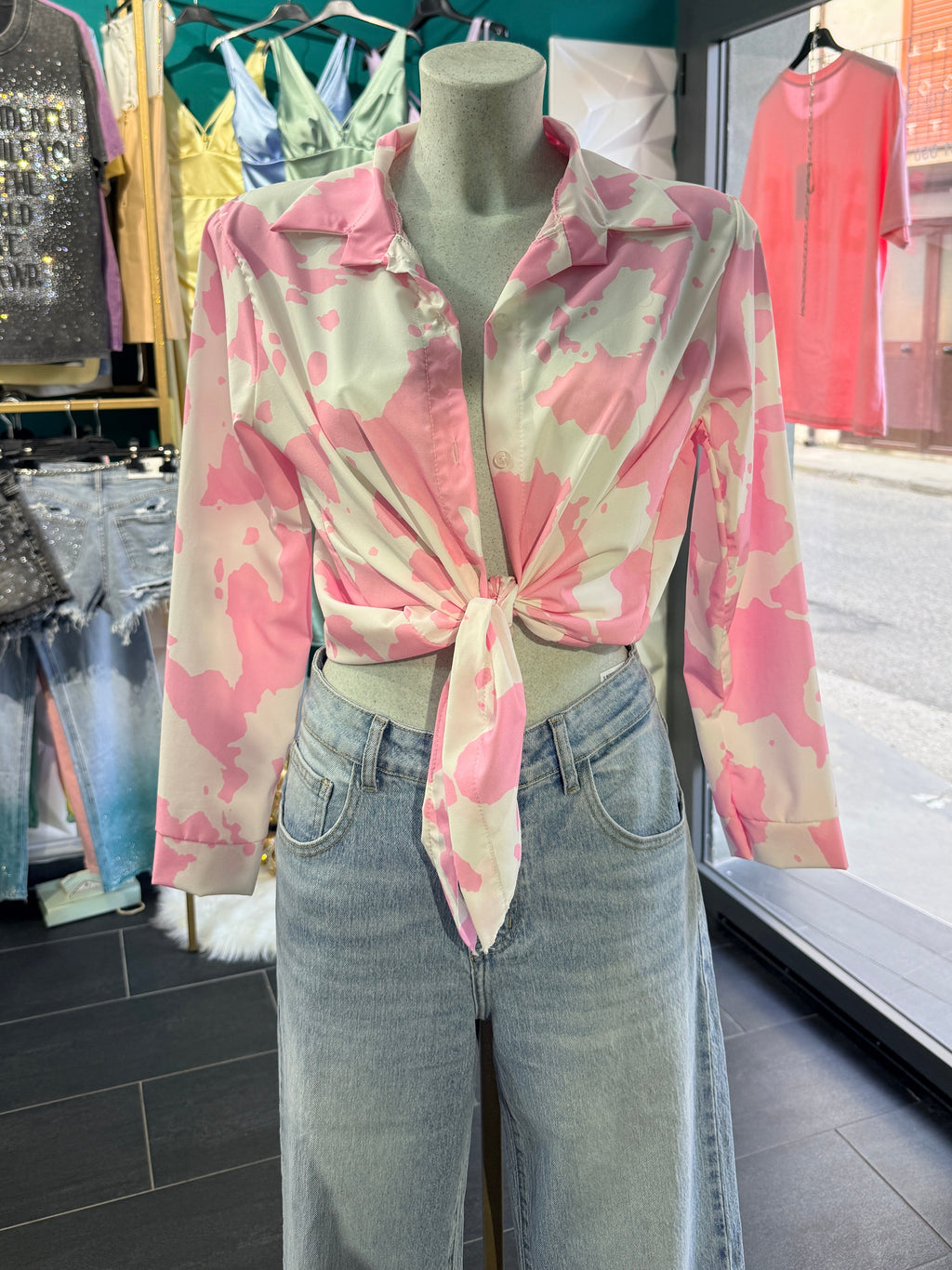 Camicia Cropped con Stampa Maculata Rosa