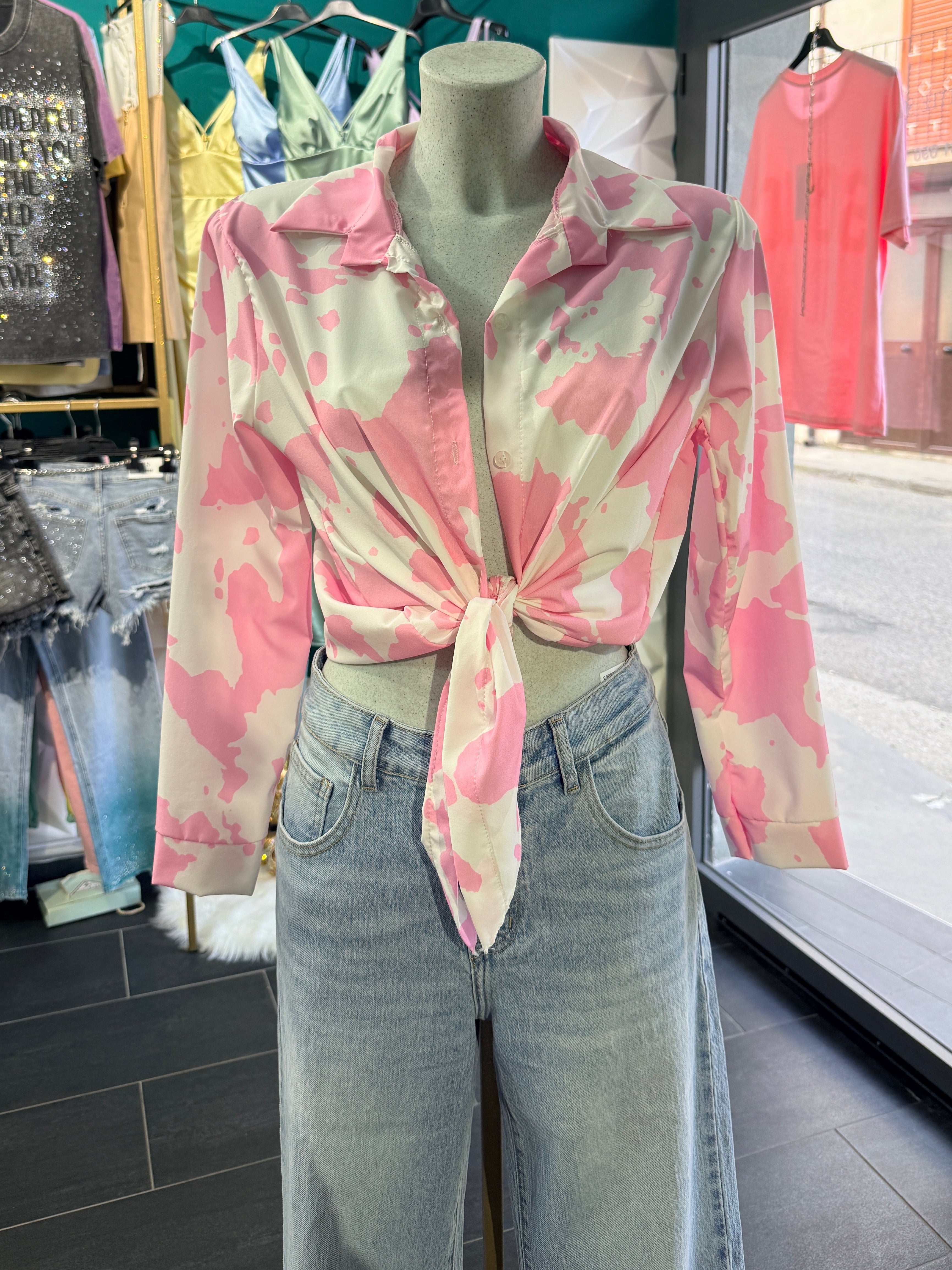 Camicia Cropped con Stampa Maculata Rosa