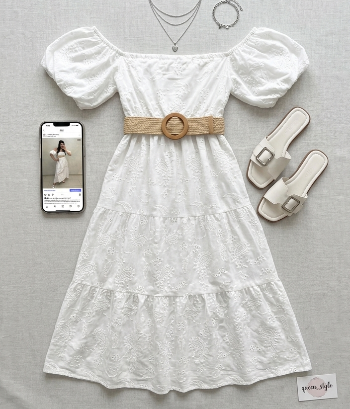 Abito Lungo in Sangallo "Boho-Chic" – Bianco Ottico (Cintura Inclusa)