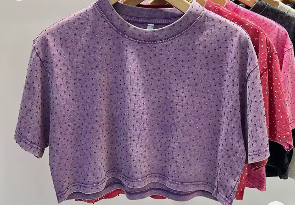 T-shirt Lavaggio Vintage con Micro-borchie - Viola
