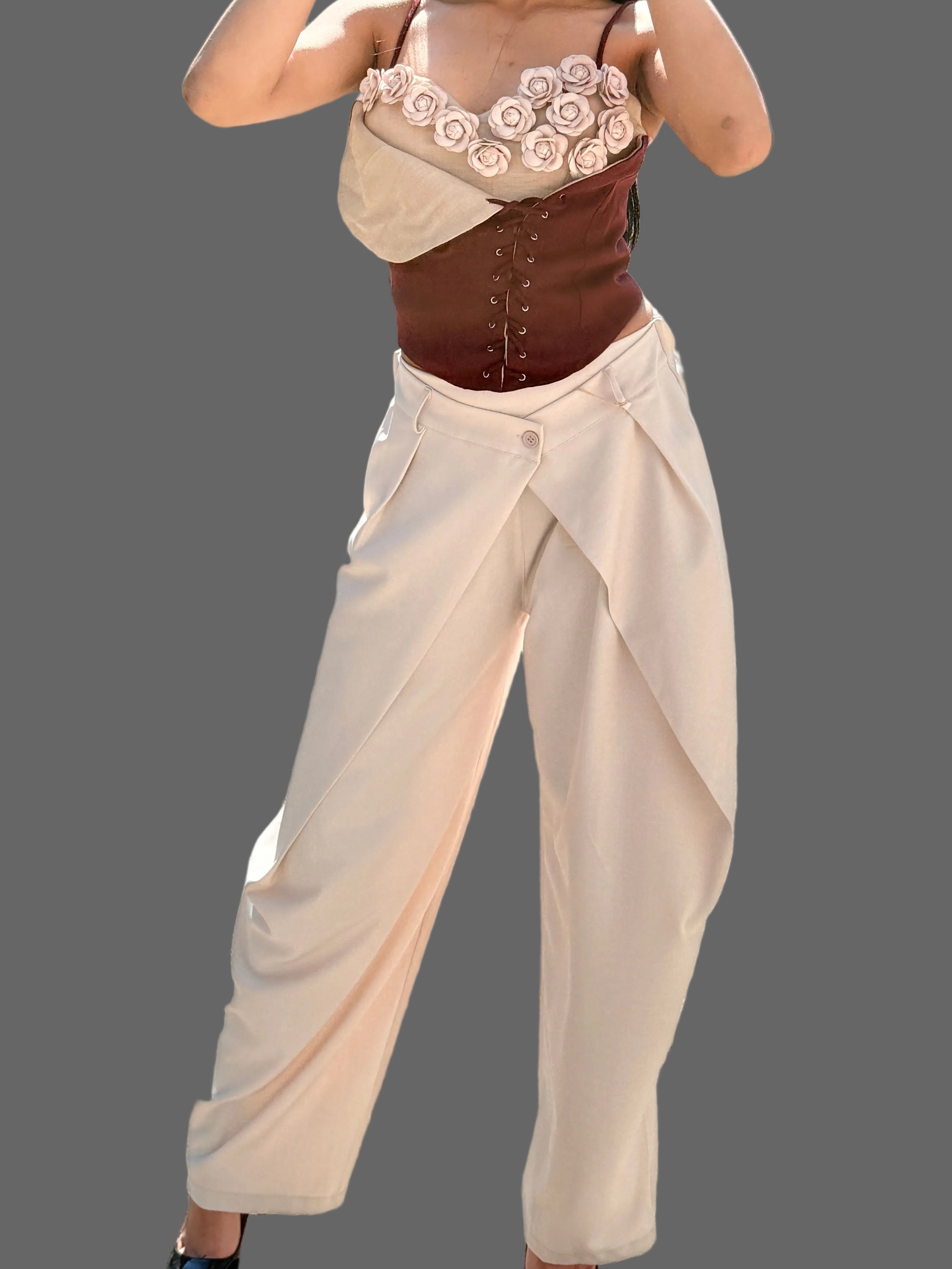 Pantalone "Origami" a Vita Sovrapposta – Beige Sabbia