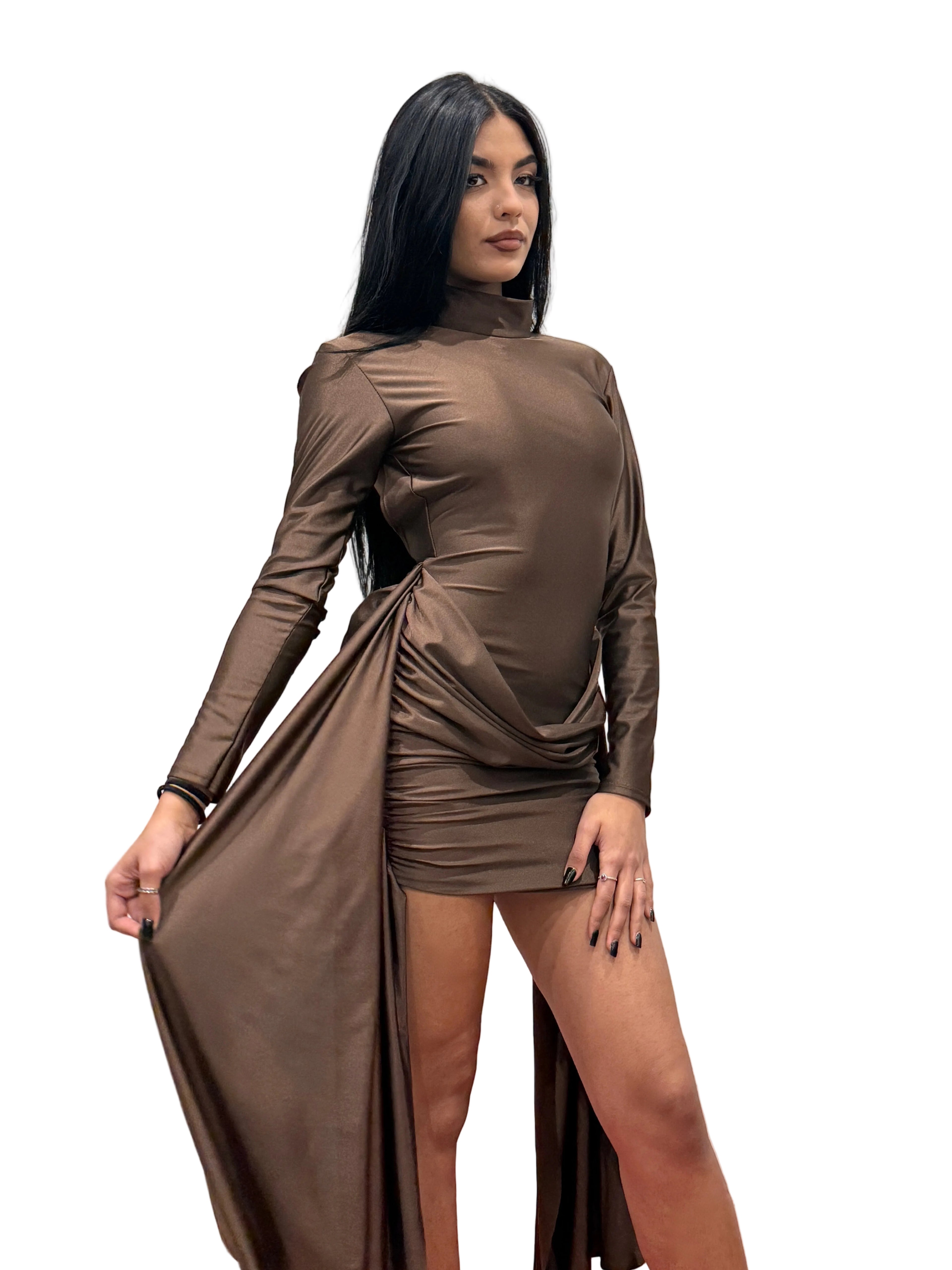 Abito Mini "Glow Drape" – Bronzo Satinato con Schiena Scoperta