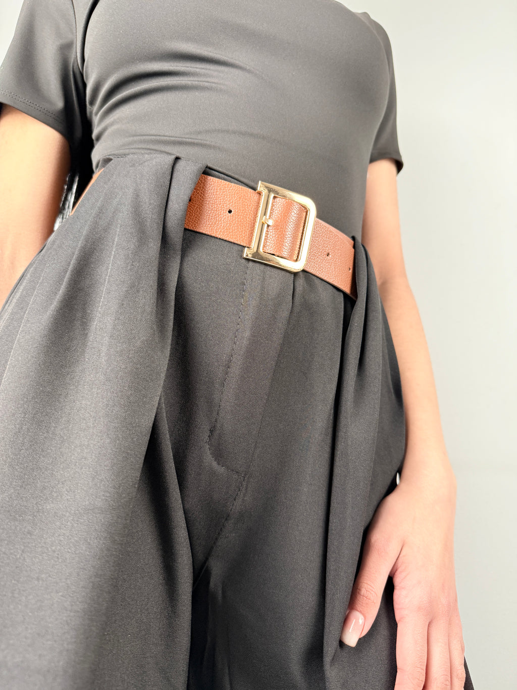 Pantalone Wide Leg con Drappeggio e Cintura Inclusa - Black