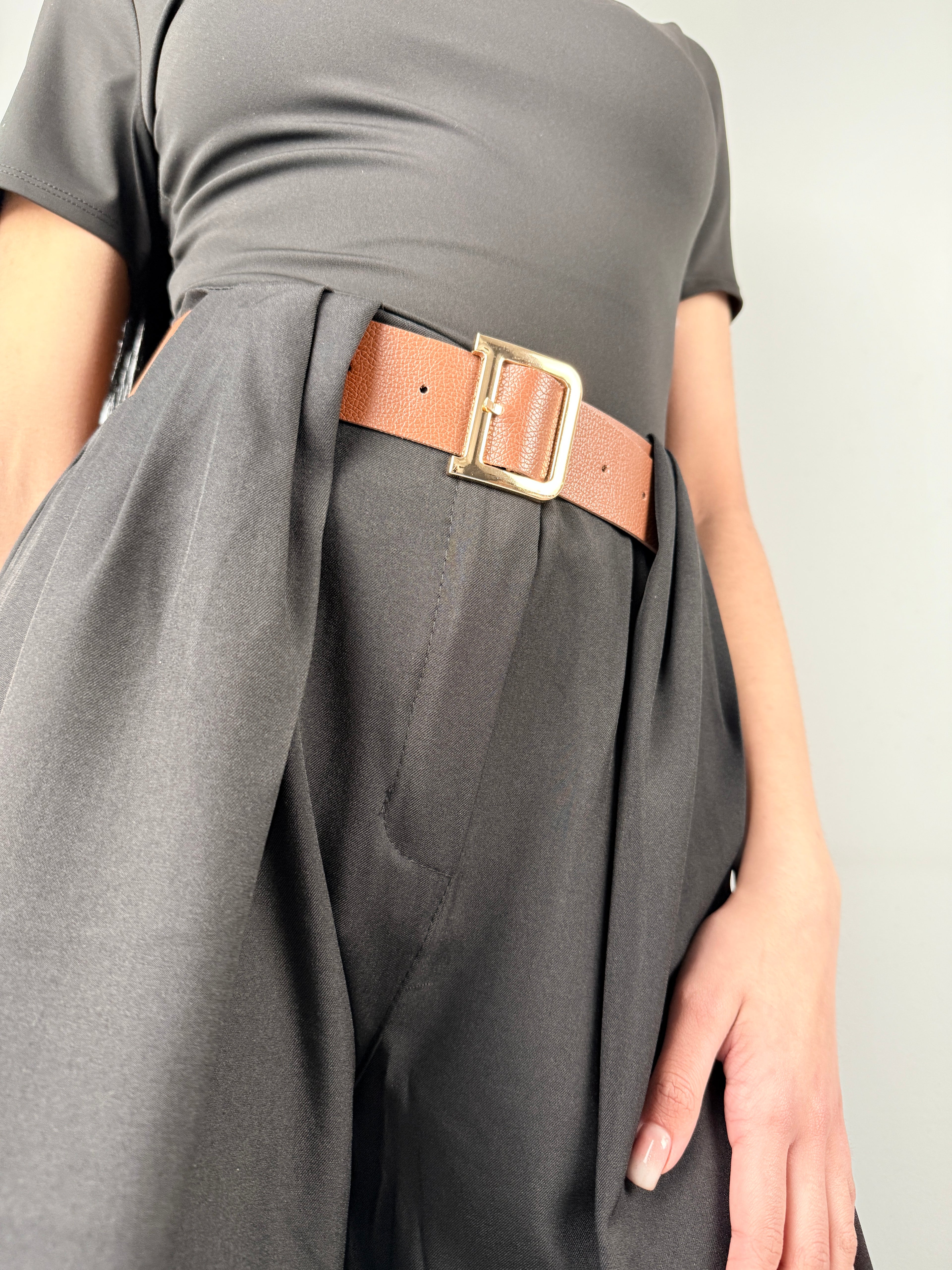 Pantalone Wide Leg con Drappeggio e Cintura Inclusa - Black