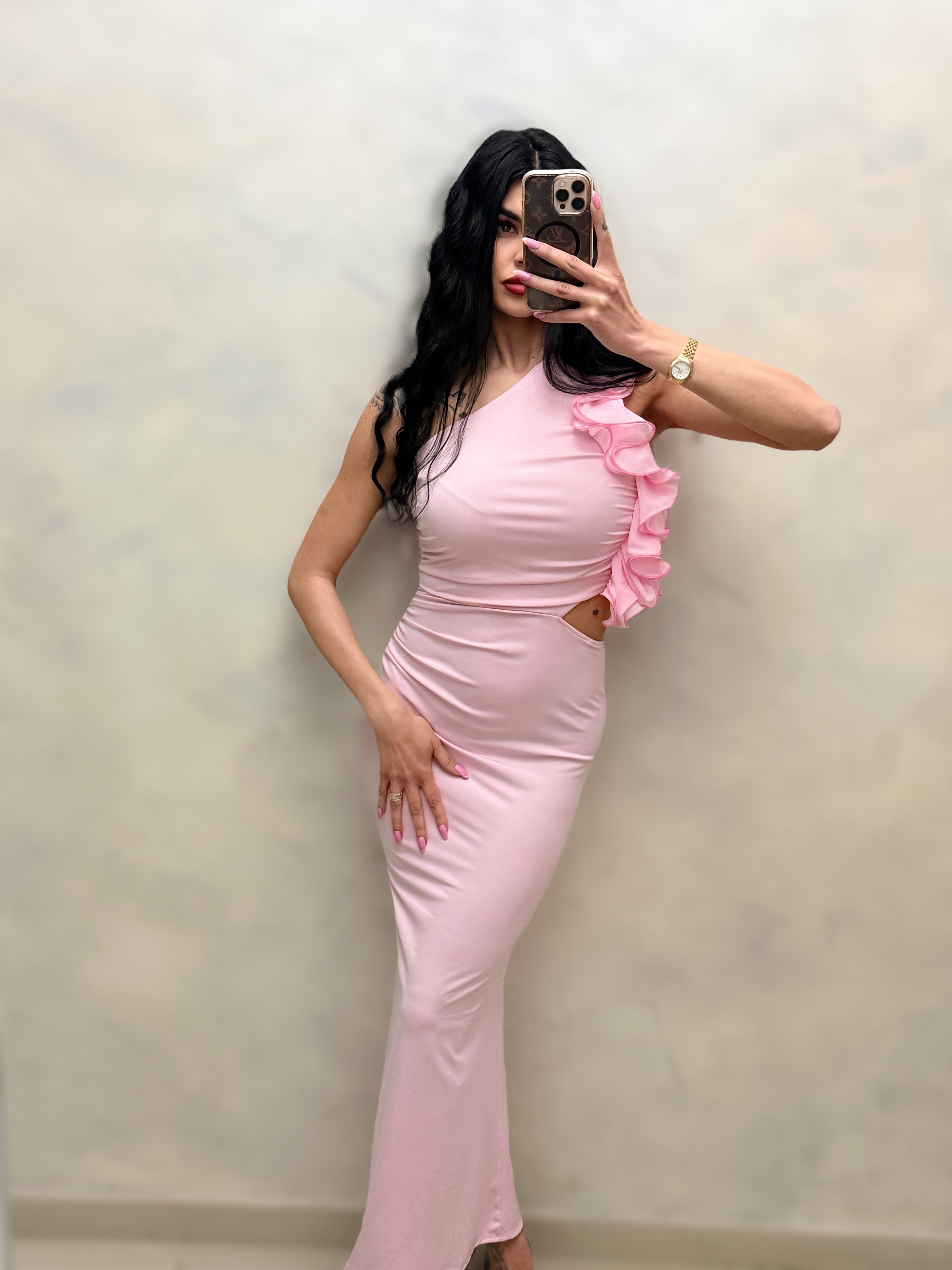 Abito Lungo  Diva – Monospalla con Rouches e Cut-Out