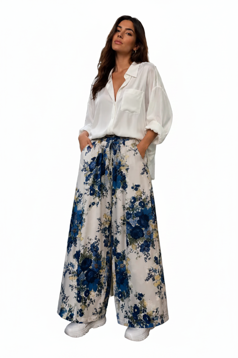 Titolo: Pantalone Palazzo a Fantasia Floreale – Comfort & Stile