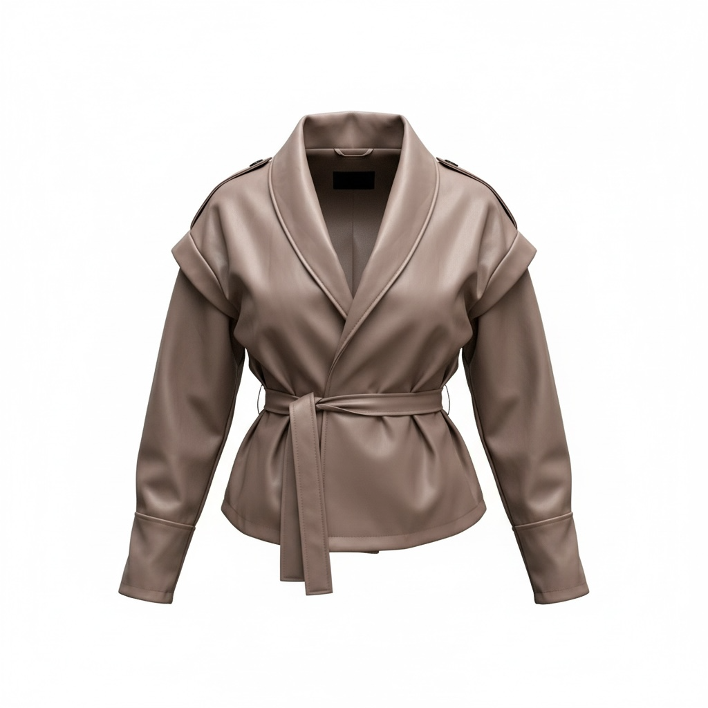 Giacca Kimono in Similpelle con Cintura – Tortora