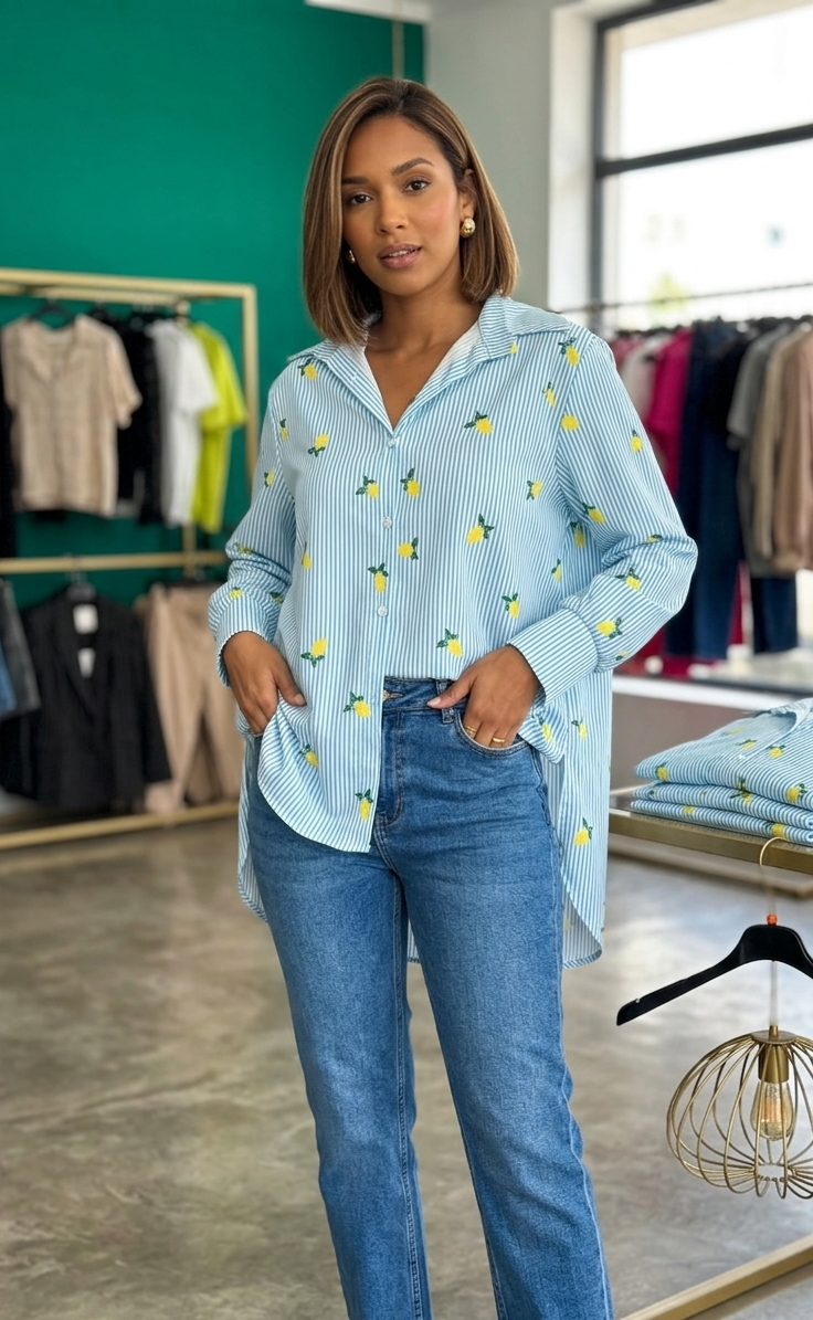 Camicia Oversize "Capri Vibes" a Righe e Limoni – Taglia Unica