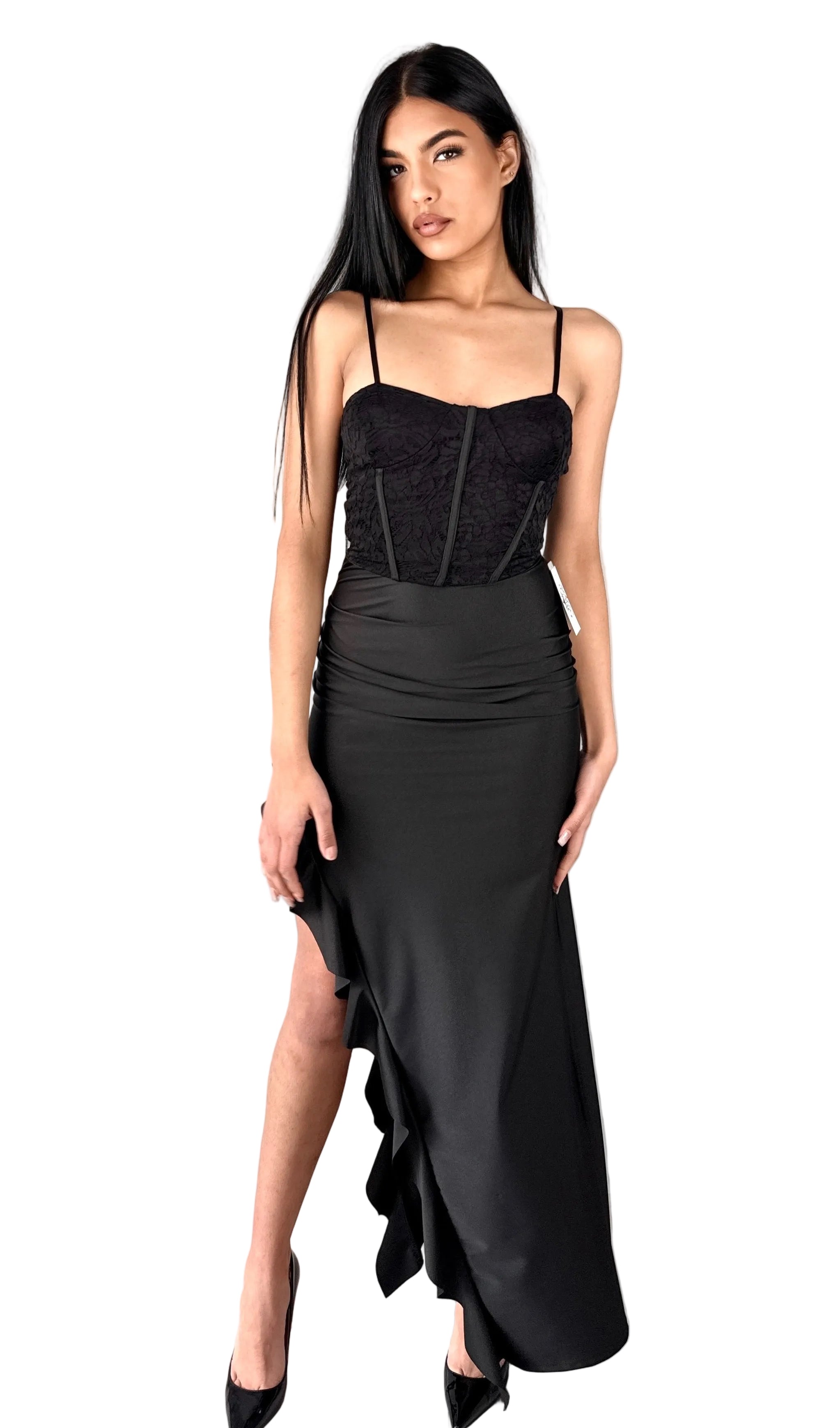 Abito Lungo Noir – Eleganza Corset con Spacco a Volant