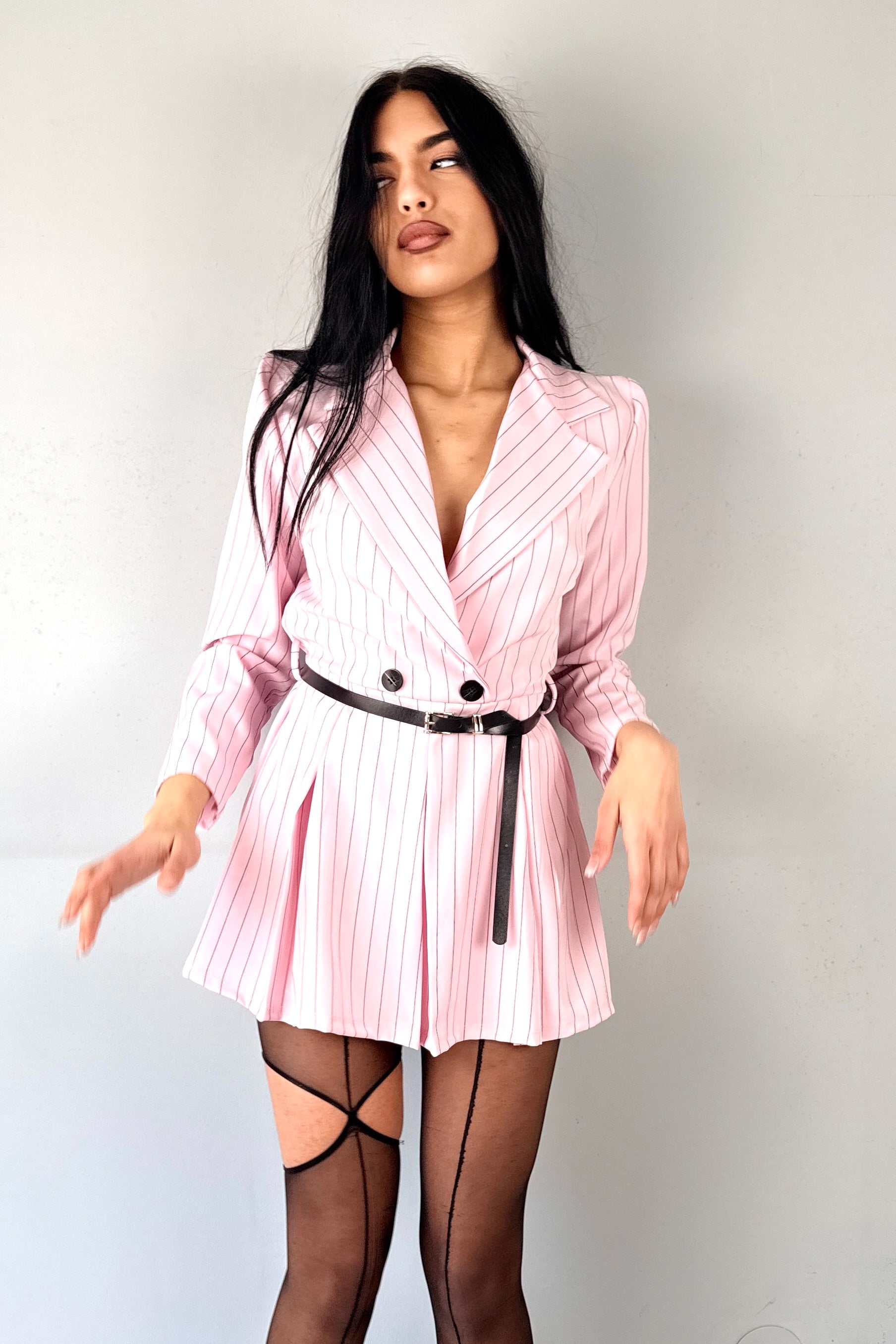 Tutina Blazer a Gessetto – Blu Scuro/Rosa confetto
